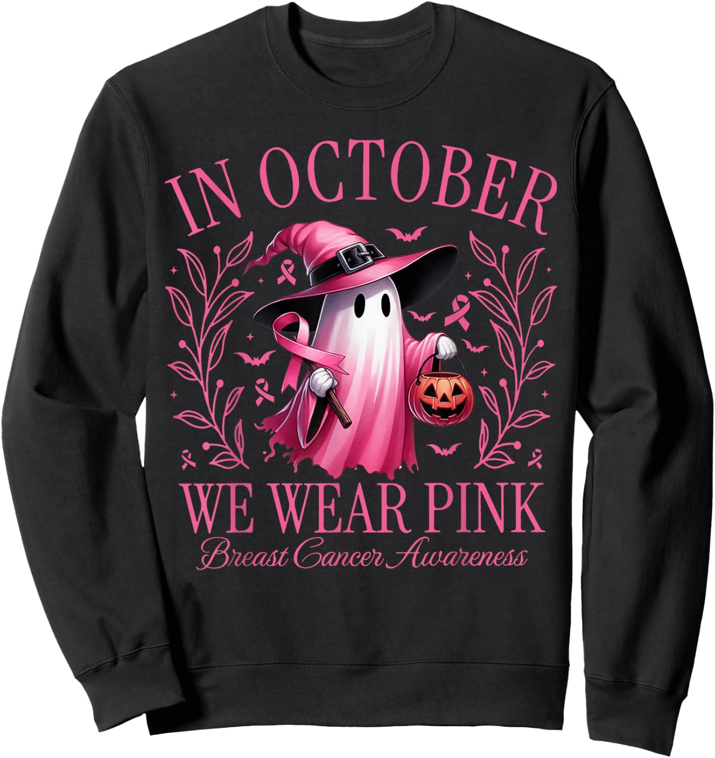 In October We Wear Pink Ghost Witch Breast Cancer Awareness Sweatshirt - Sweatshirt | Black