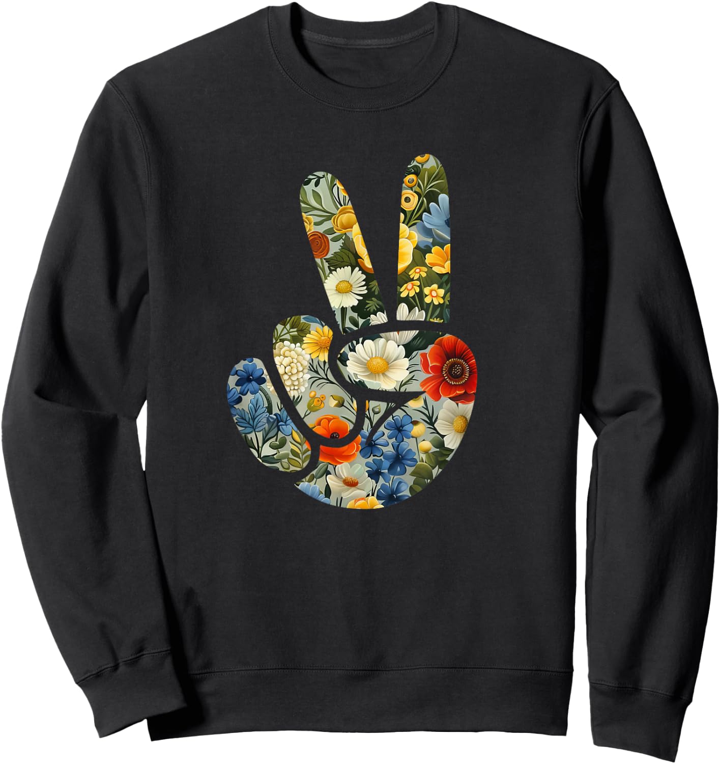 Elegant Silhouette Wildflowers Floral Peace Sign Hand Sweatshirt - Sweatshirt | Black