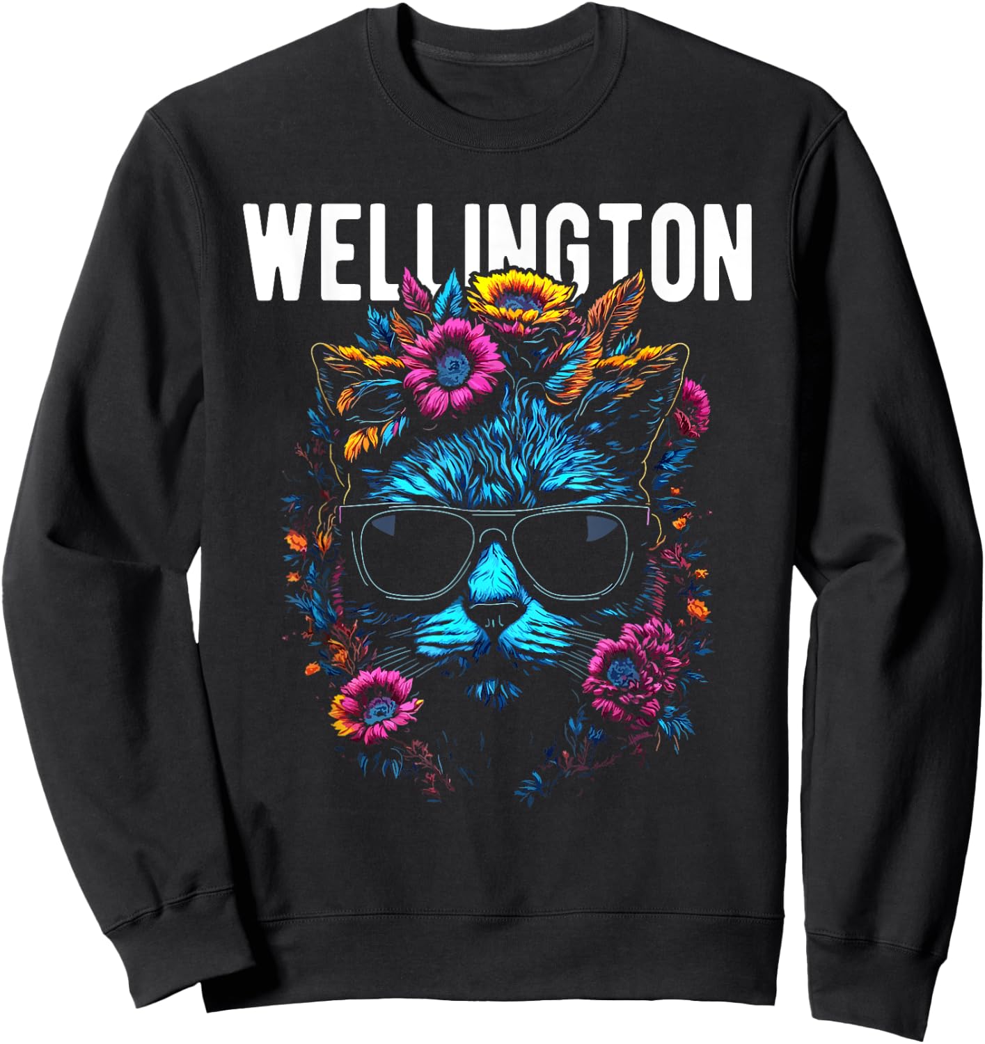 Wellington Cat Wearing Sunglasses and Flowers Design Women Kids Sweatshirt - Sweatshirt | Black