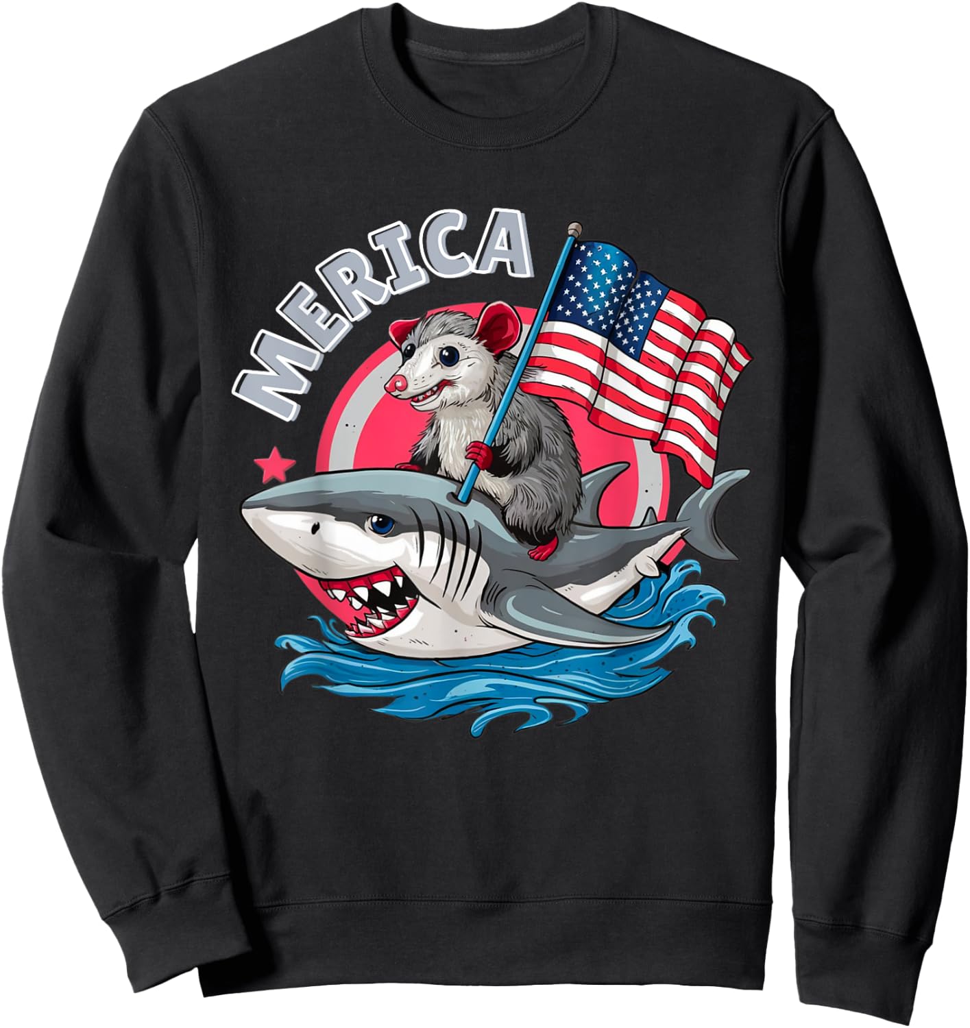 Funny Opossum Riding Shark American Flag USA 4th of July Sweatshirt - Sweatshirt | Black