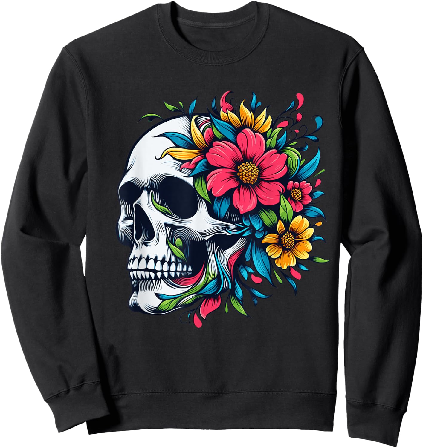 Flower Skull Floral Abstract Bloom & Bone - Life & Death Art Sweatshirt - Sweatshirt | Black