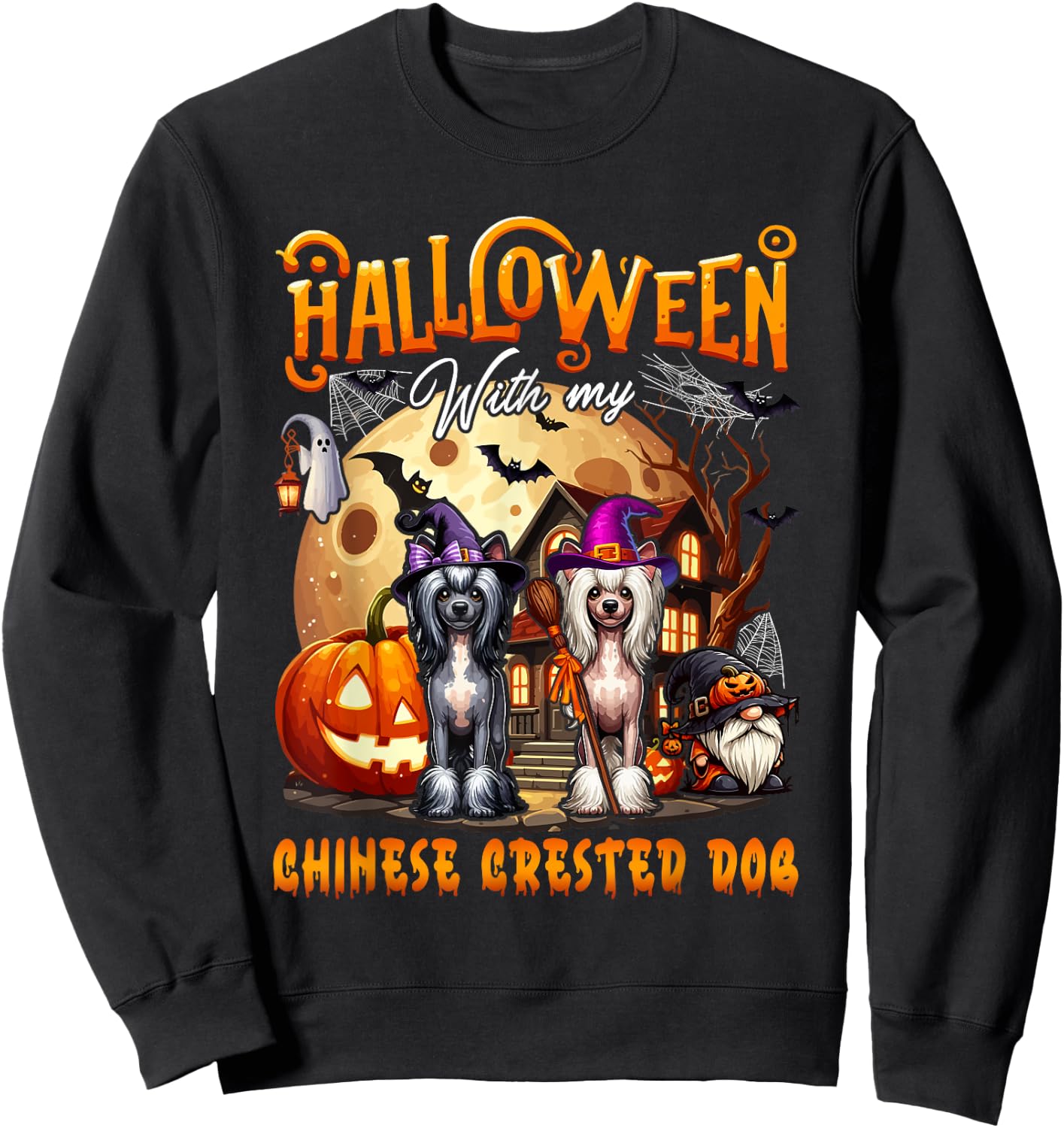 Halloween With My Chinese Crested Cute Dogs Cosplay Witch Sweatshirt - Sweatshirt | Black