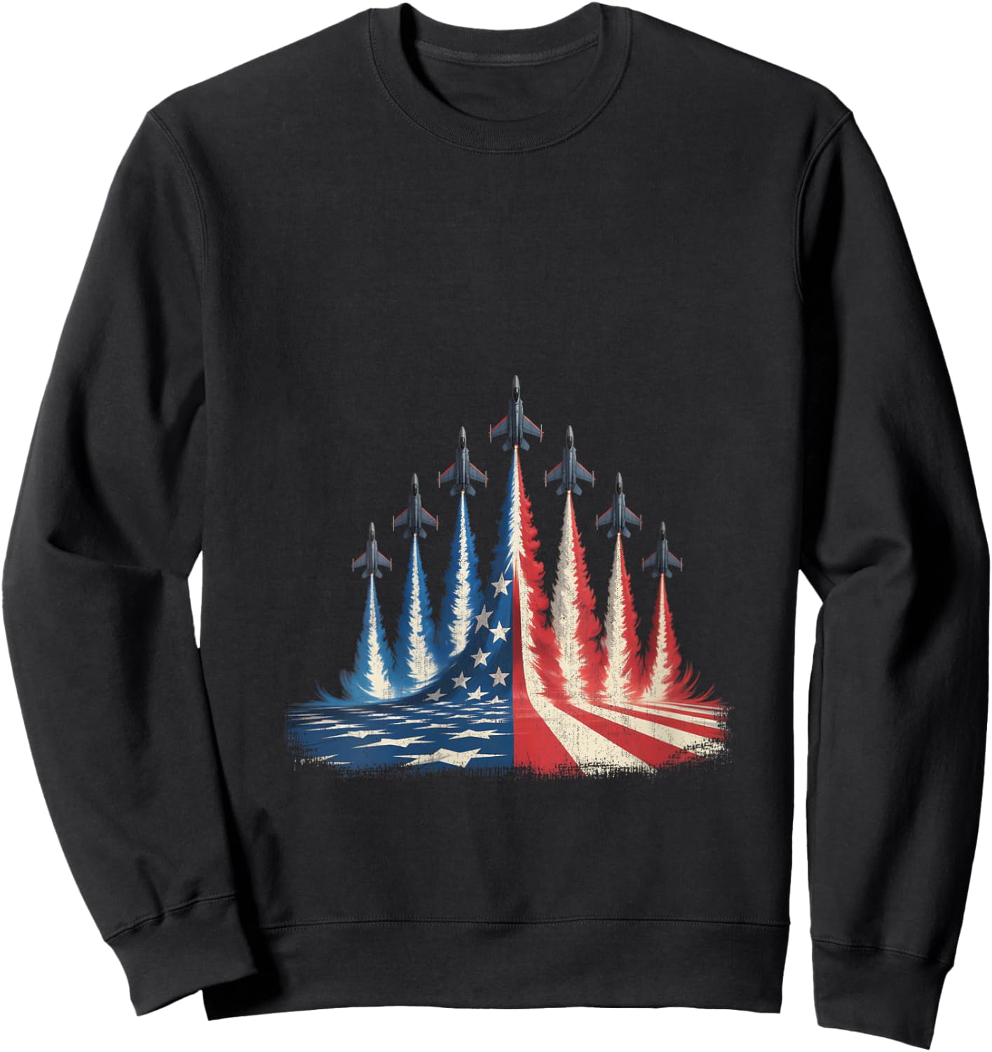 Fighter Jet American Flag 4th of July V-Neck Sweatshirt - Sweatshirt | Black