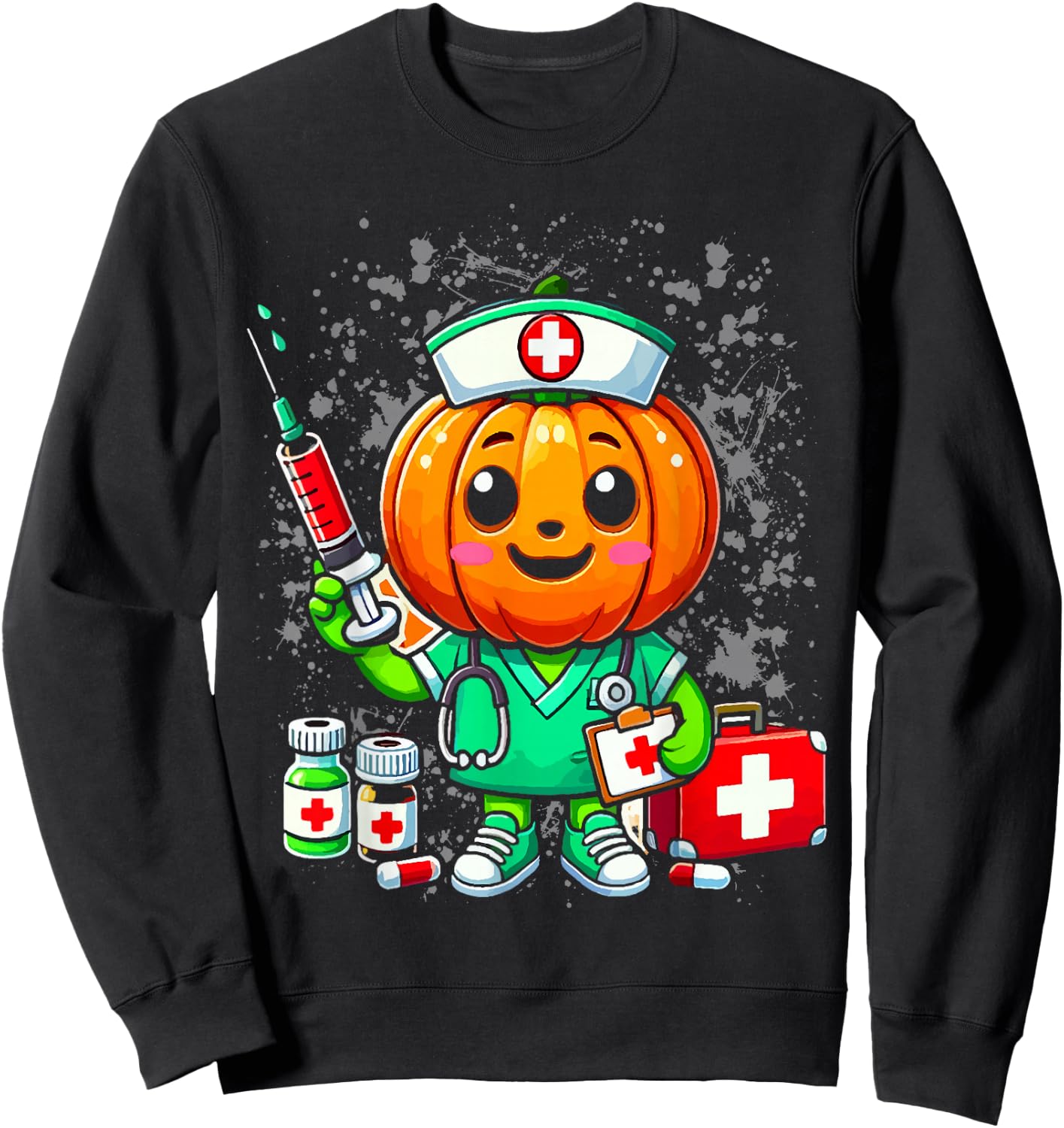 Halloween Nurse Pumpkin Nursing Scrub Top Costume Women Men Sweatshirt - Sweatshirt | Black