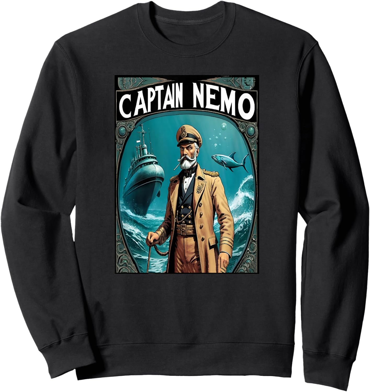 Captain Nemo & The Nautilus Submarine Illustration Sweatshirt - Sweatshirt | Black