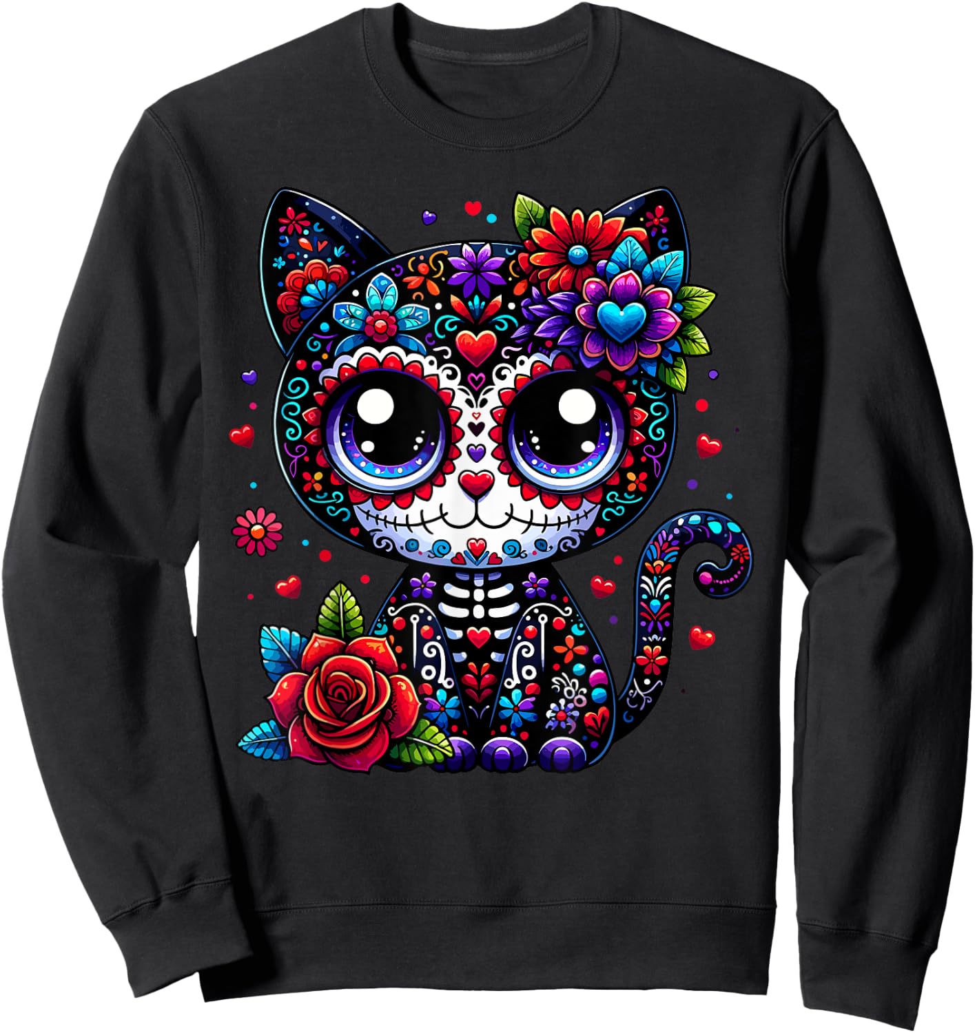 Dia De Los Muertos Cinco De Mayo Cat Sugar Skull Men Women Sweatshirt - Sweatshirt | Black