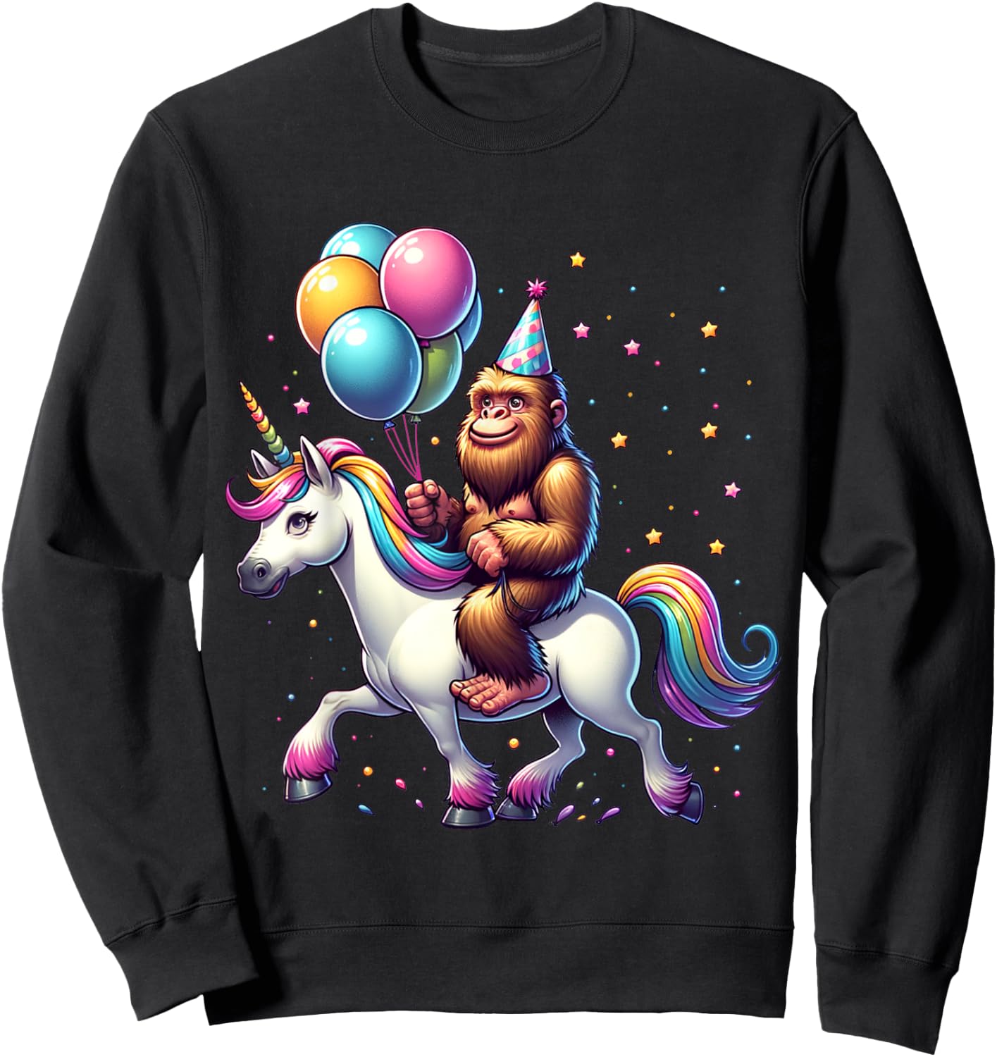 Bigfoot Sasquatch Riding Unicorn. Funny Bigfoot Birthday Sweatshirt - Sweatshirt | Black