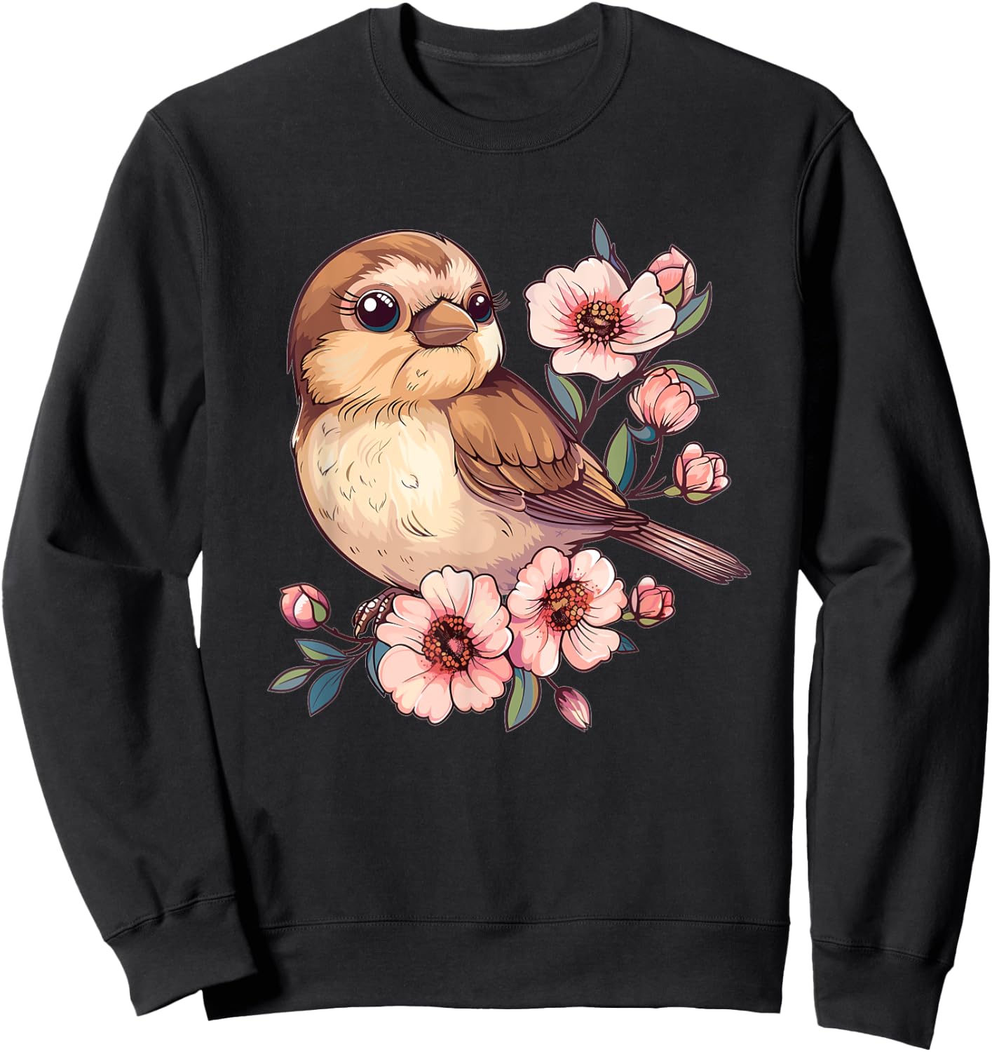 Cute Sparrow With Flowers I Sparrow Sweatshirt - Sweatshirt | Black
