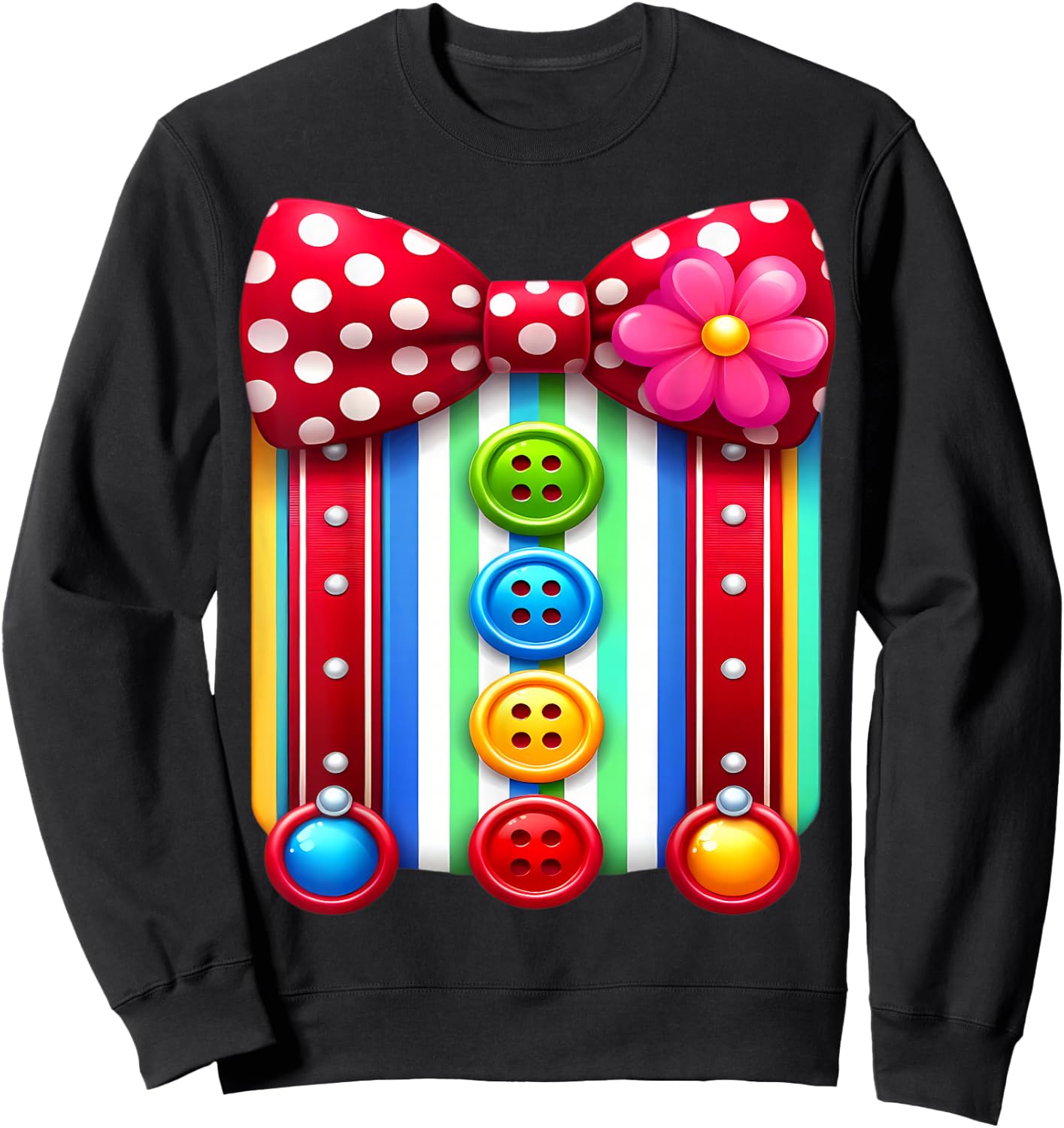 Colorful Clown Costume Funny Bow Tie and Buttons Design Sweatshirt - Sweatshirt | Black