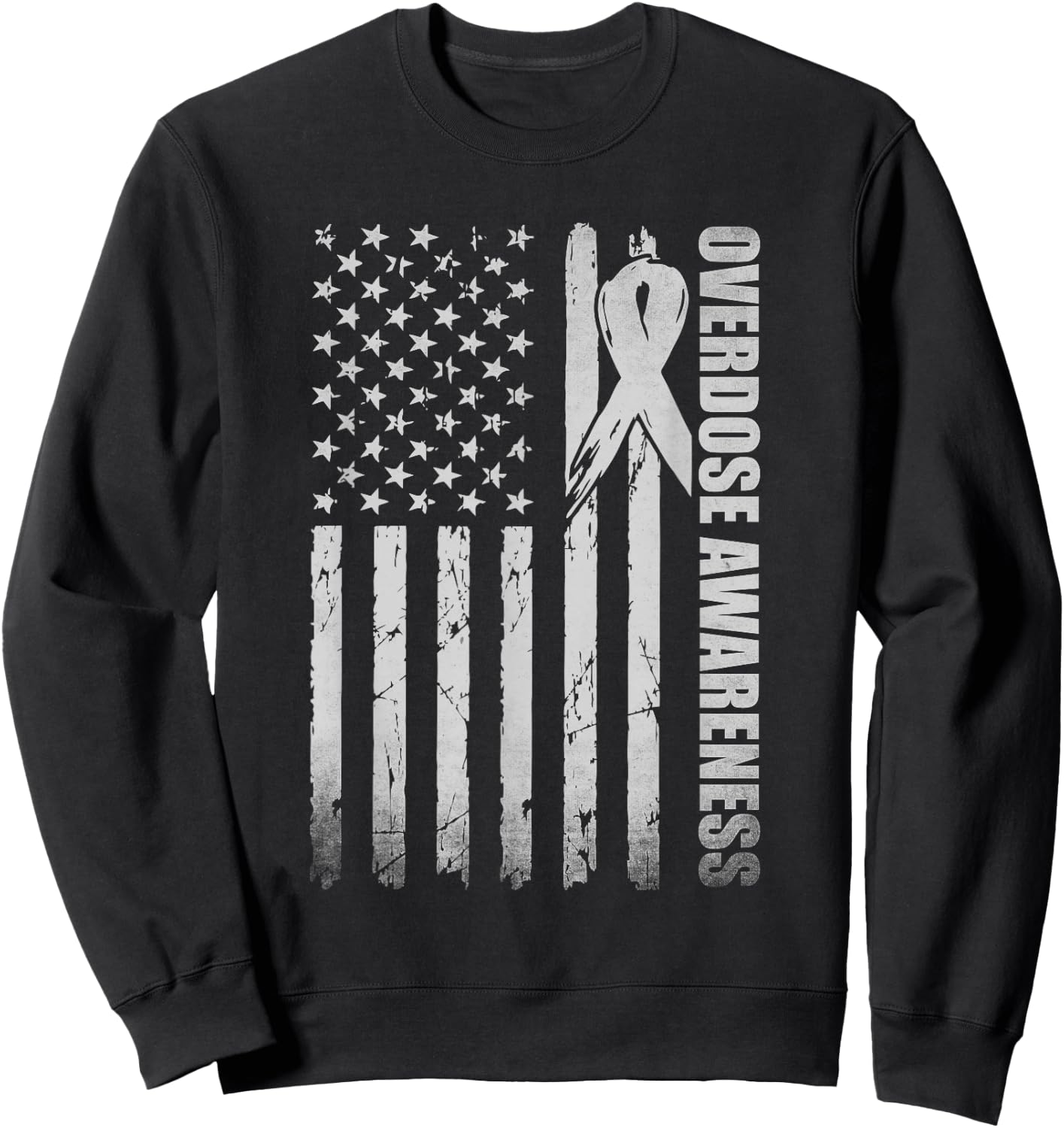 Overdose Awareness Month Purple Ribbon American Flag Sweatshirt - Sweatshirt | Black