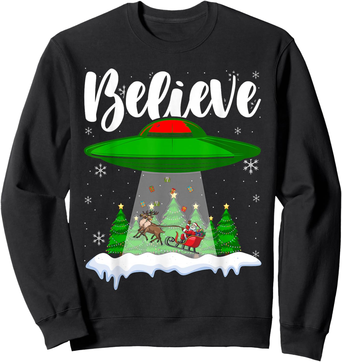 Funny Christmas Alien UFO Santa Claus Xmas Believe Sweatshirt - Sweatshirt | Black