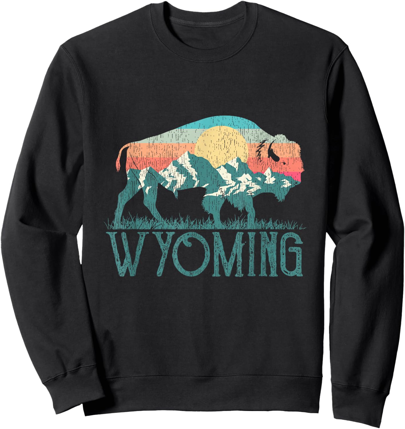 Bison Buffalo Retro Mountains WY Wyoming Sweatshirt - Sweatshirt | Black