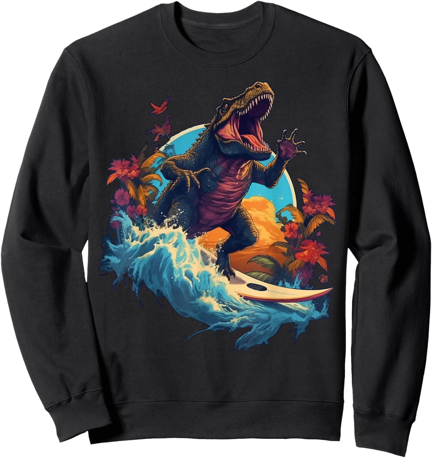 Dinosaur Surfboard Beach Surf Surfer Dinosaur T Rex Surfing Sweatshirt - Sweatshirt | Black