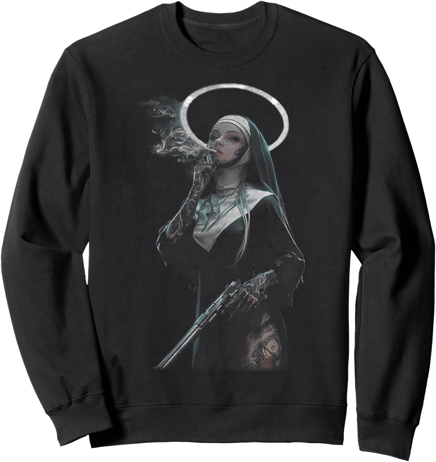 Peachbruh Vintage Cool Smoking Nun Art Dark Style Sweatshirt - Sweatshirt | Black