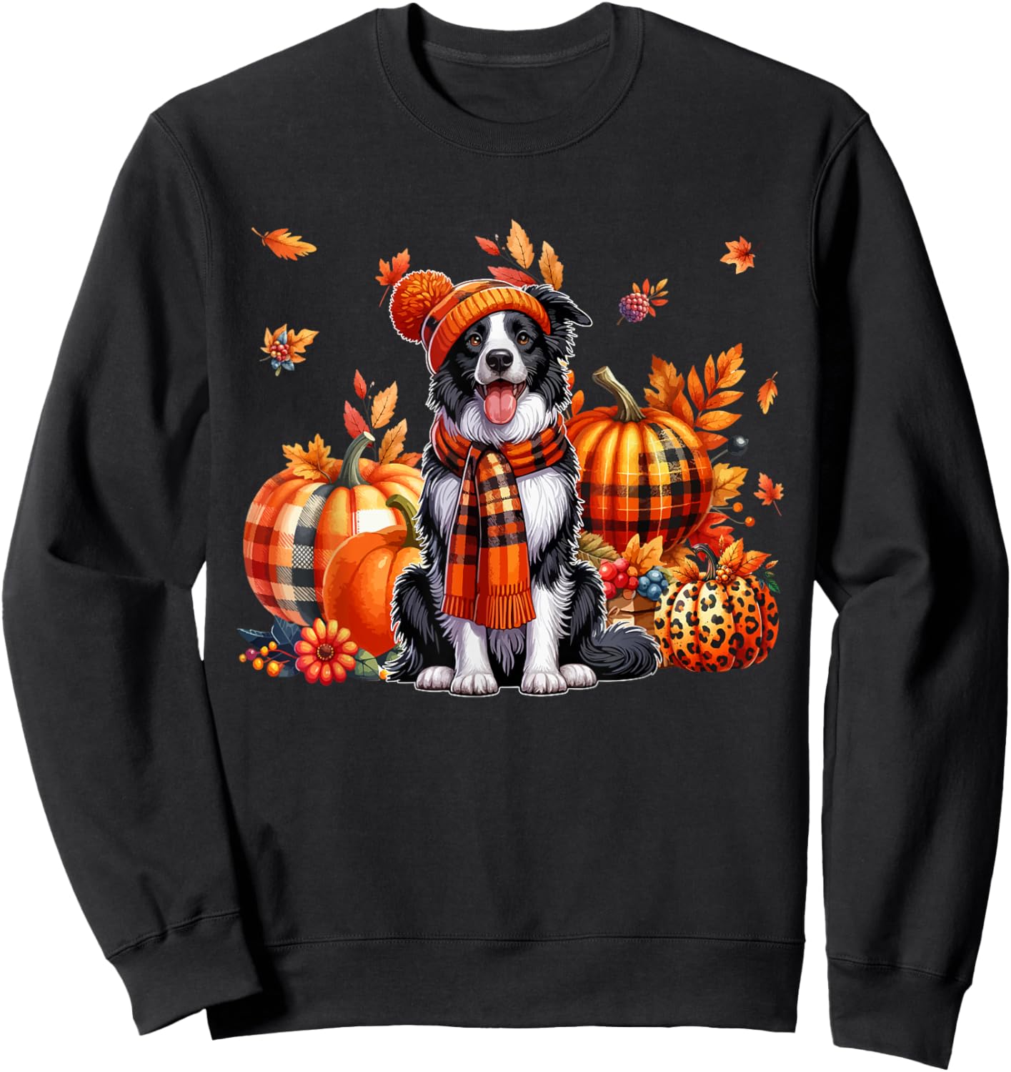 Border Collie Thanksgiving Leopard Pumpkins Fall Leaves Sweatshirt - Sweatshirt | Black