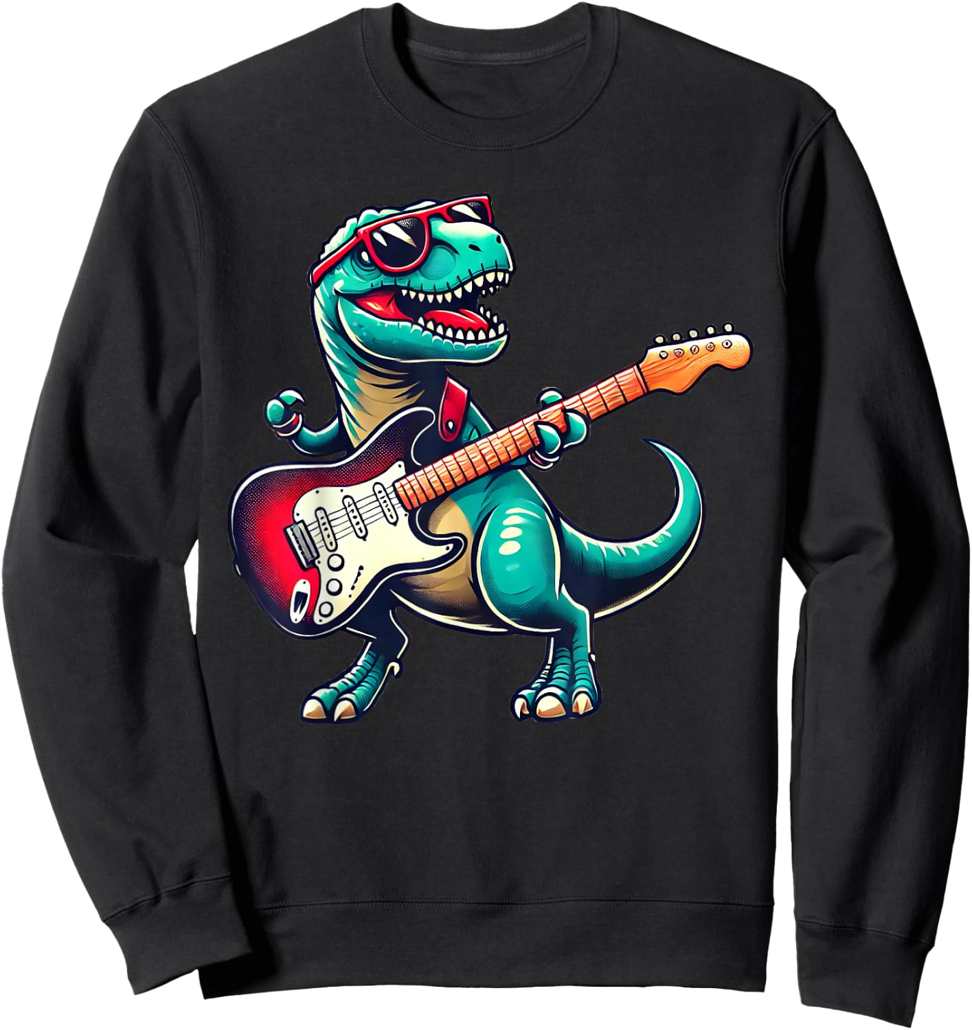 T-Rex Dinosaur Playing Guitar Musician Music Sweatshirt - Sweatshirt | Black