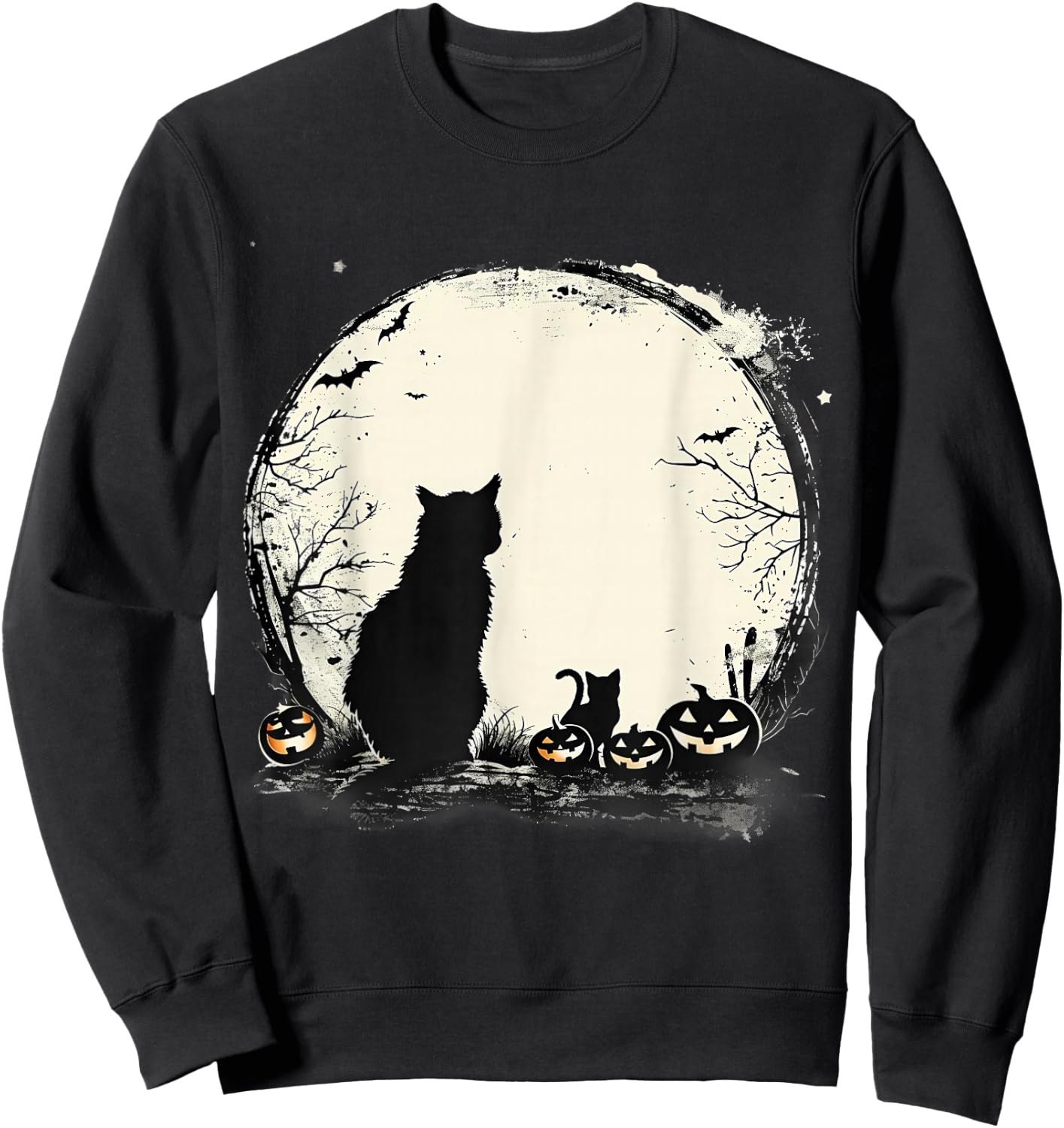 Black Cat Halloween Spooky Moon Artwork Pumpkin Bats Sweatshirt - Sweatshirt | Black