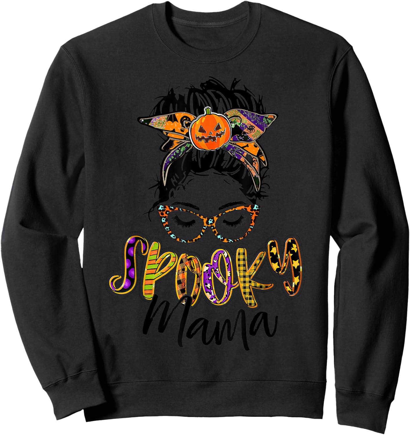 Women Spooky Mama Messy Bun Pumpkin Patch Halloween Sweatshirt - Sweatshirt | Black