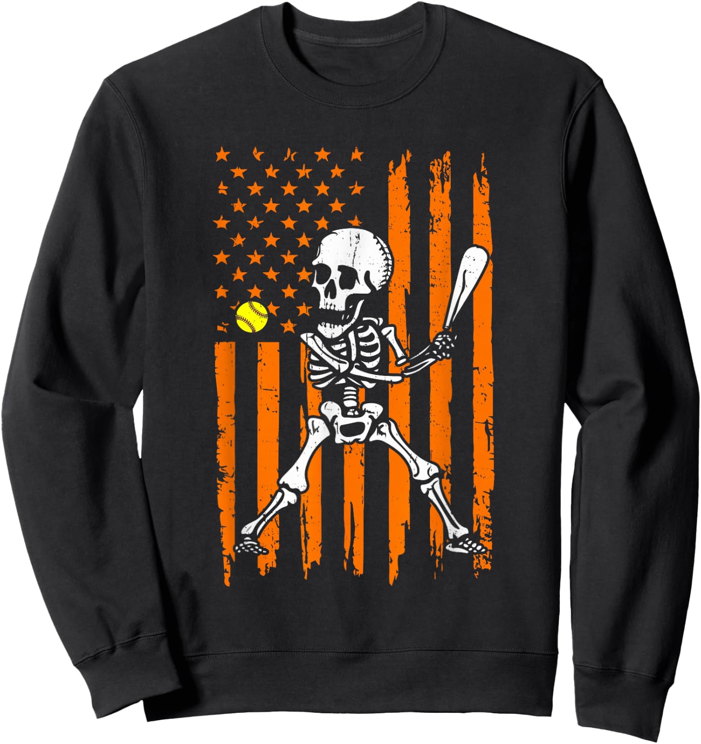 Retro Skeleton Playing Softball USA Flag Halloween Boys Kids Sweatshirt - Sweatshirt | Black