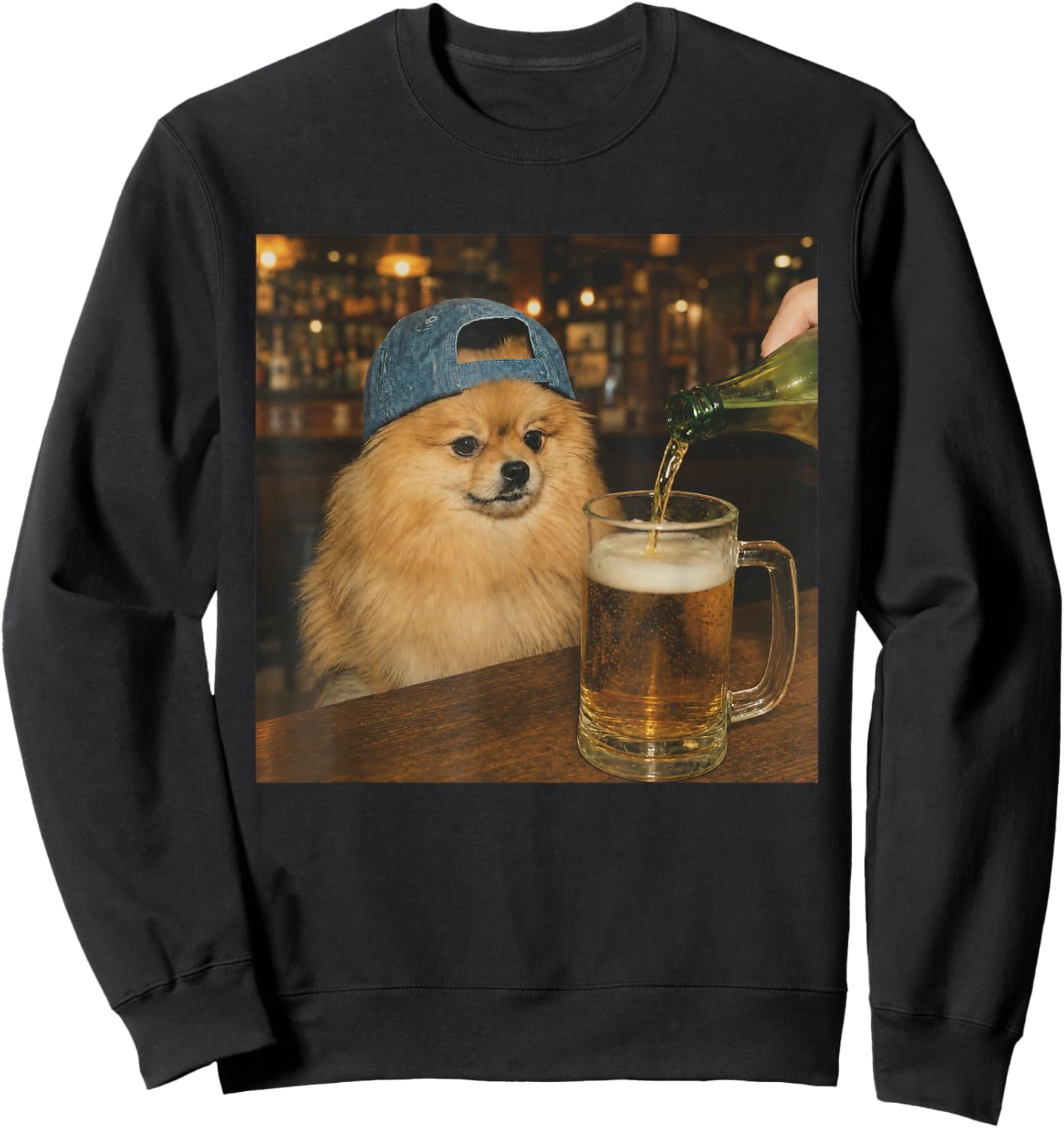 Pomeranian Drinking Beer Shirt Funny Dog Meme Art Vintage Sweatshirt - Sweatshirt | Black