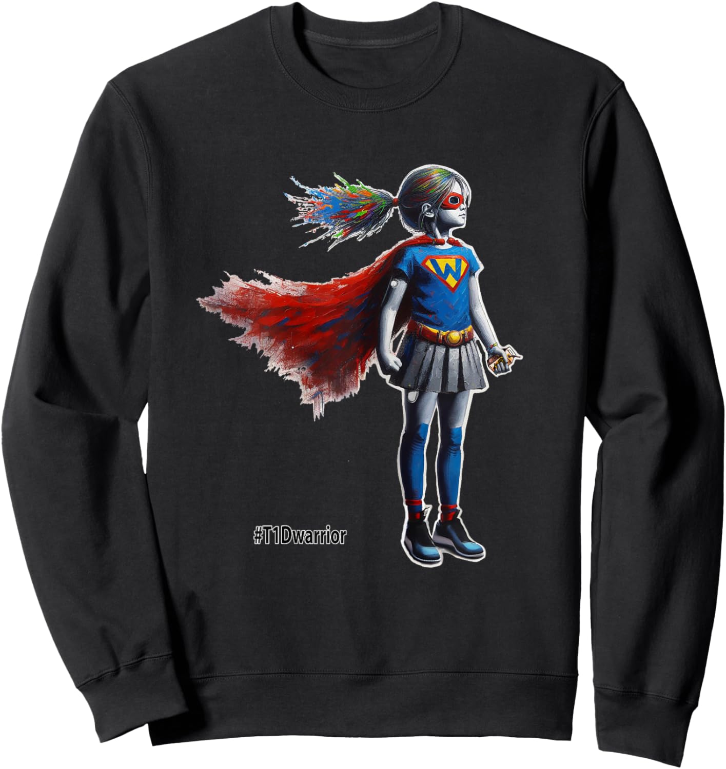 Type 1 Diabetes Superhero Wears CGM and Insulin Pump, T1D Sweatshirt - Sweatshirt | Black