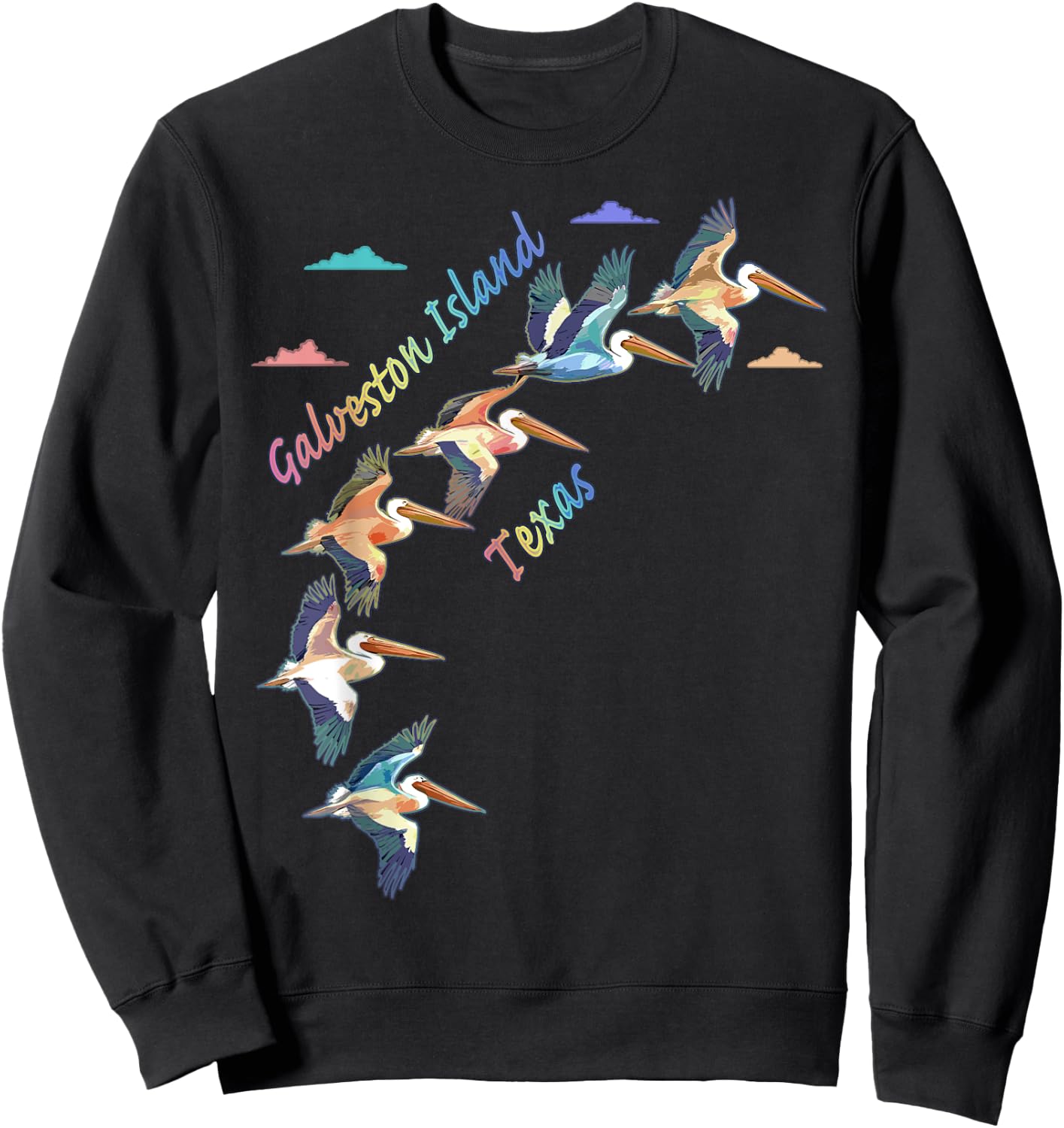 Galveston Island Texas Colorful Tie-Dye Pelican Art Sweatshirt - Sweatshirt | Black