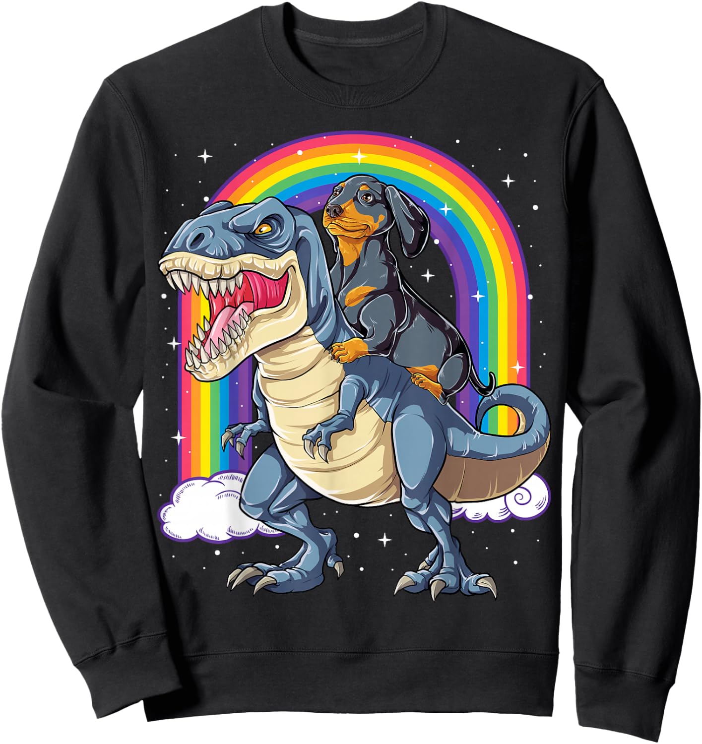 Dachshund Riding Dinosaur T-rex Boys Girls Rainbow Men Women Sweatshirt - Sweatshirt | Black