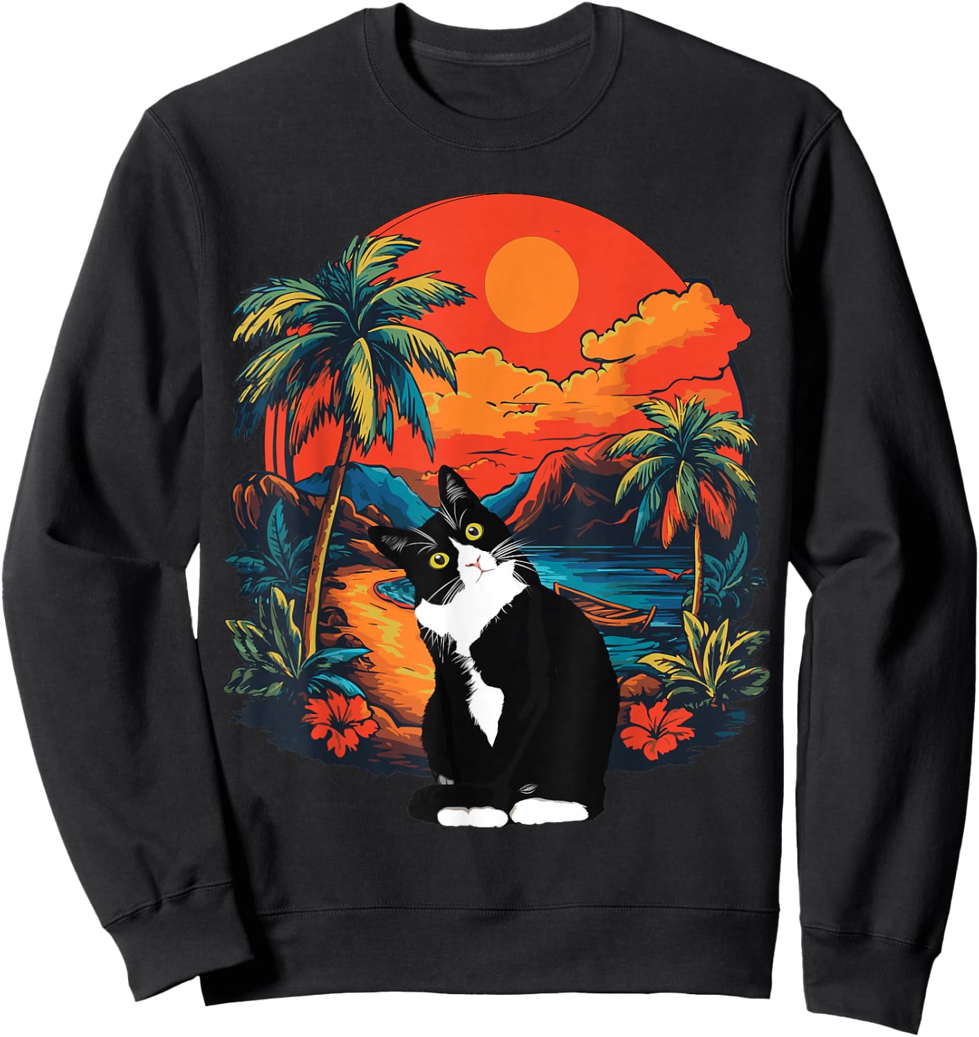 Hawaiian Tropical Tuxedo Cat Mom Dad Gift Animal Lovers Sweatshirt - Sweatshirt | Black