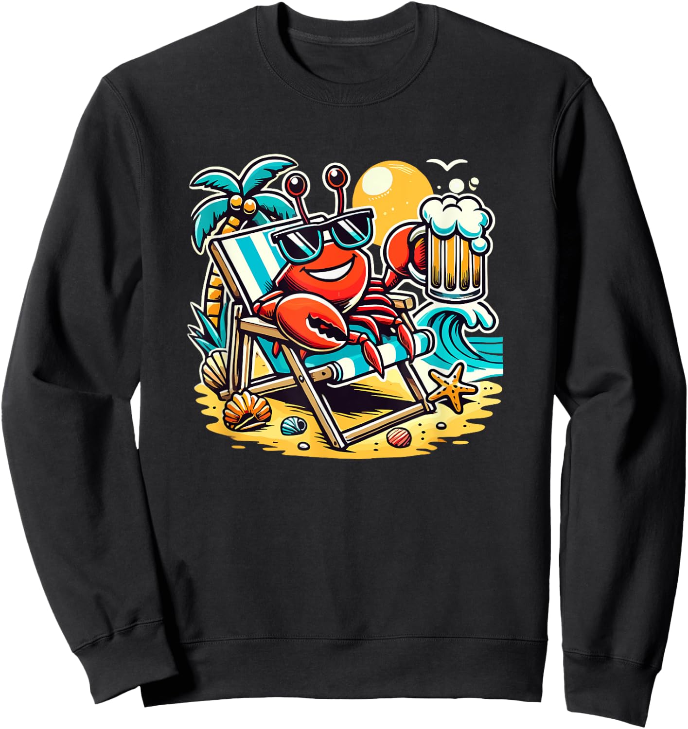 Funny Crab Drinking Beer Beach Men Women Sweatshirt - Sweatshirt | Black