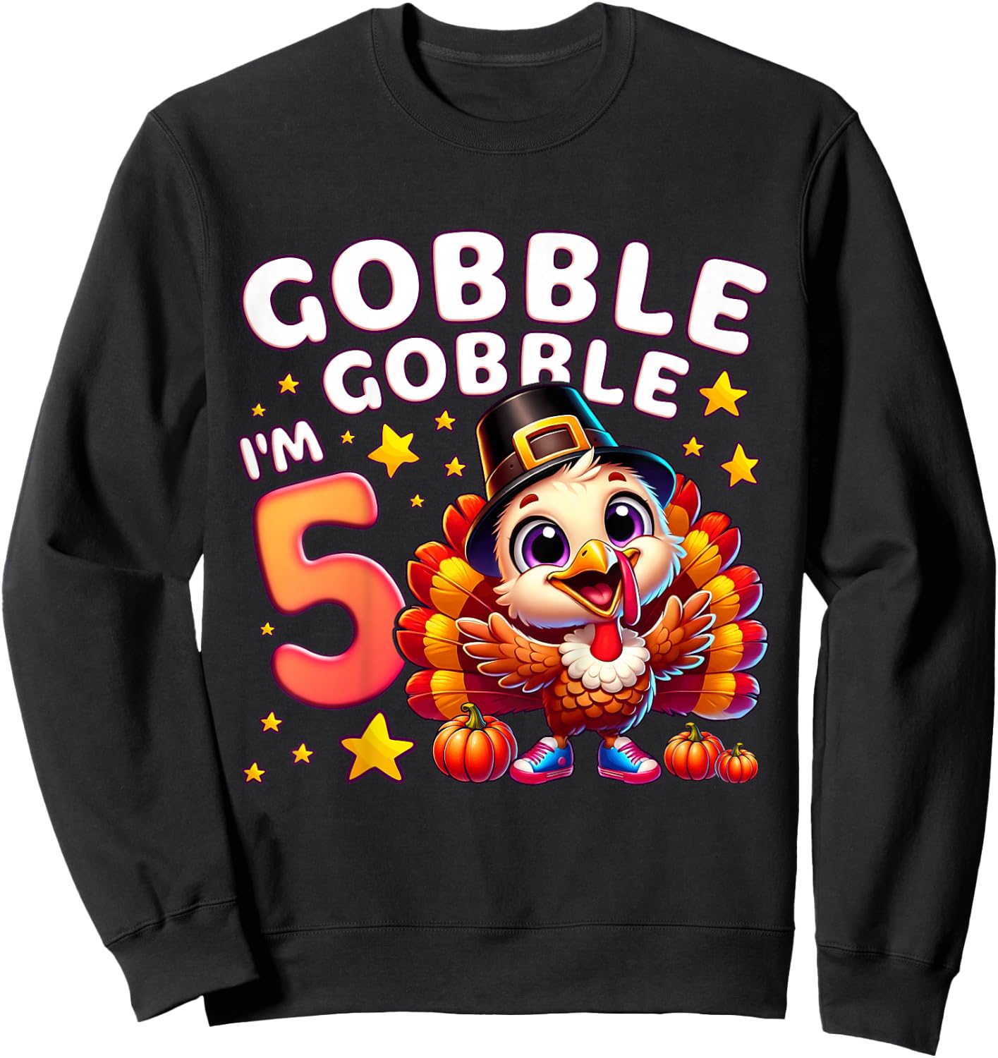 Kids 5th Birthday Girl Thanksgiving Turkey Gobble Gobble I'm 5 Sweatshirt - Sweatshirt | Black