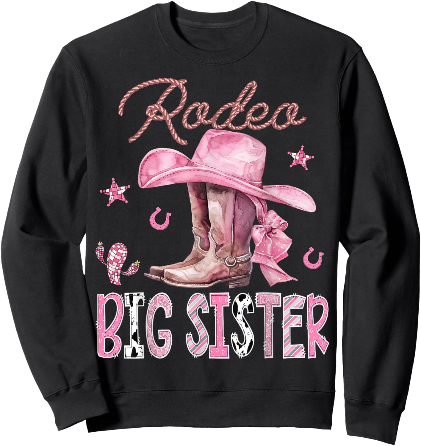 Rodeo Big Sister Pink Boots Coquette CowGirl Birthday Party Sweatshirt - Sweatshirt | Black