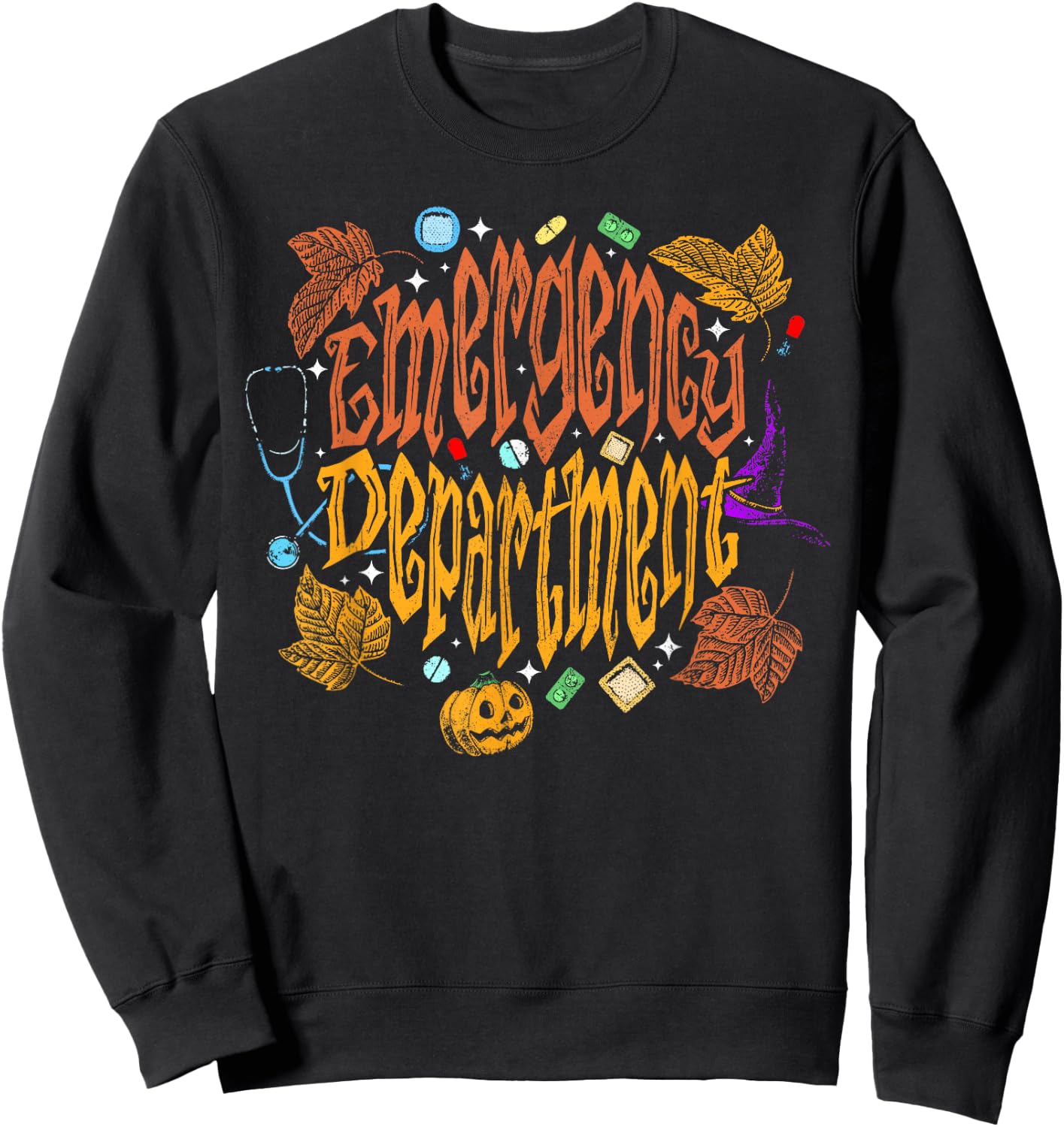 Emergency Department ER Nurse Halloween Fall Autumn Leaves Sweatshirt - Sweatshirt | Black