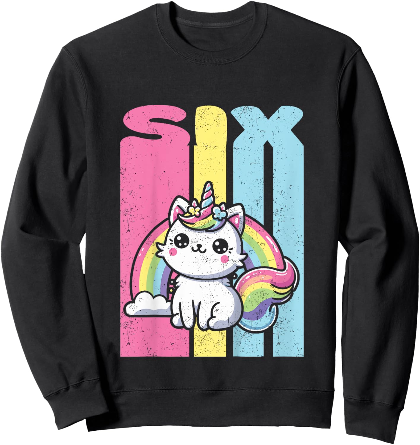 Kids Six 6th Birthday Caticorn Cat Unicorn Rainbow Grunge Sweatshirt - Sweatshirt | Black