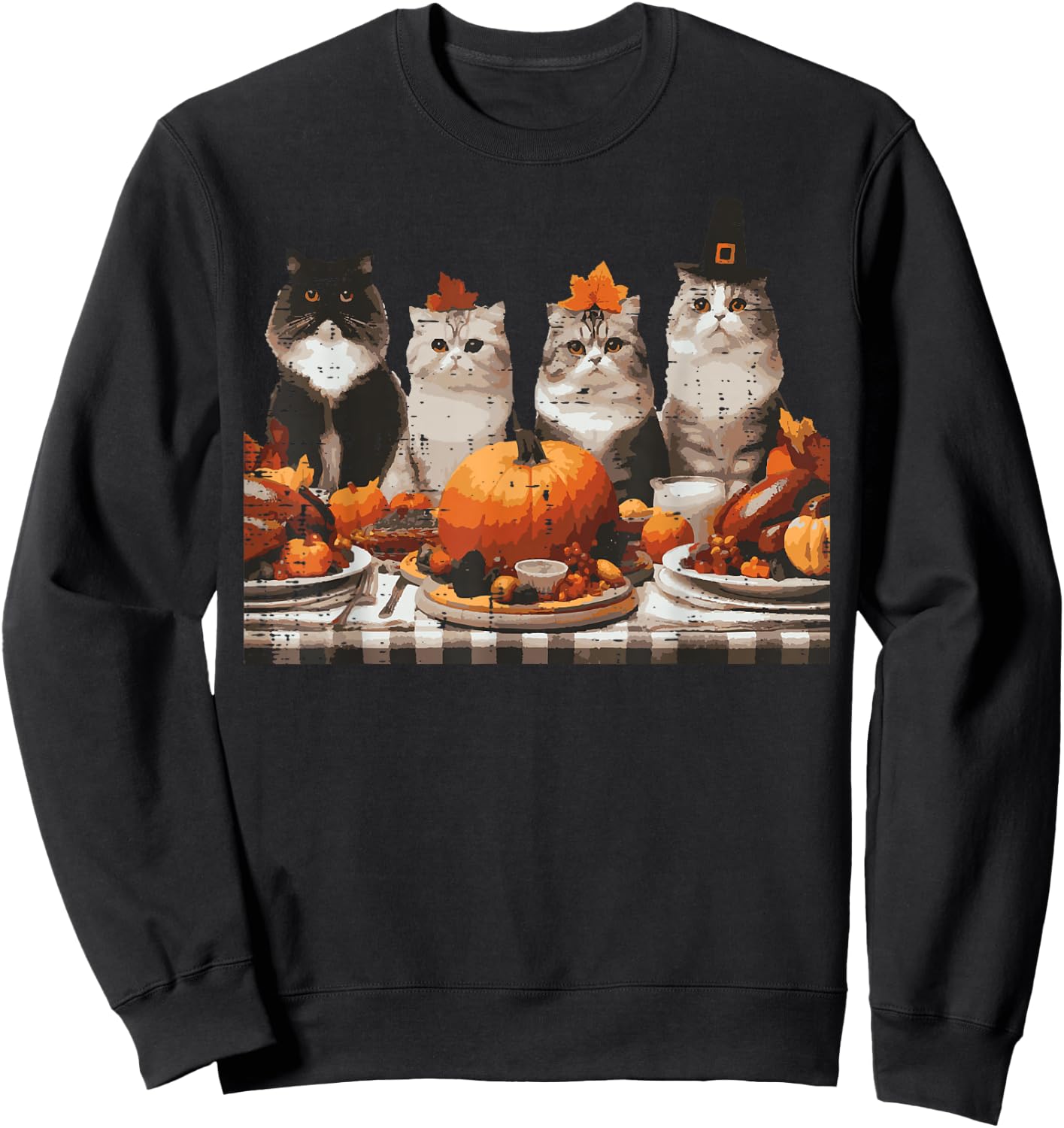 Thanksgiving Cats Dinner Feast Vintage Fall Men Women Kids Sweatshirt - Sweatshirt | Black