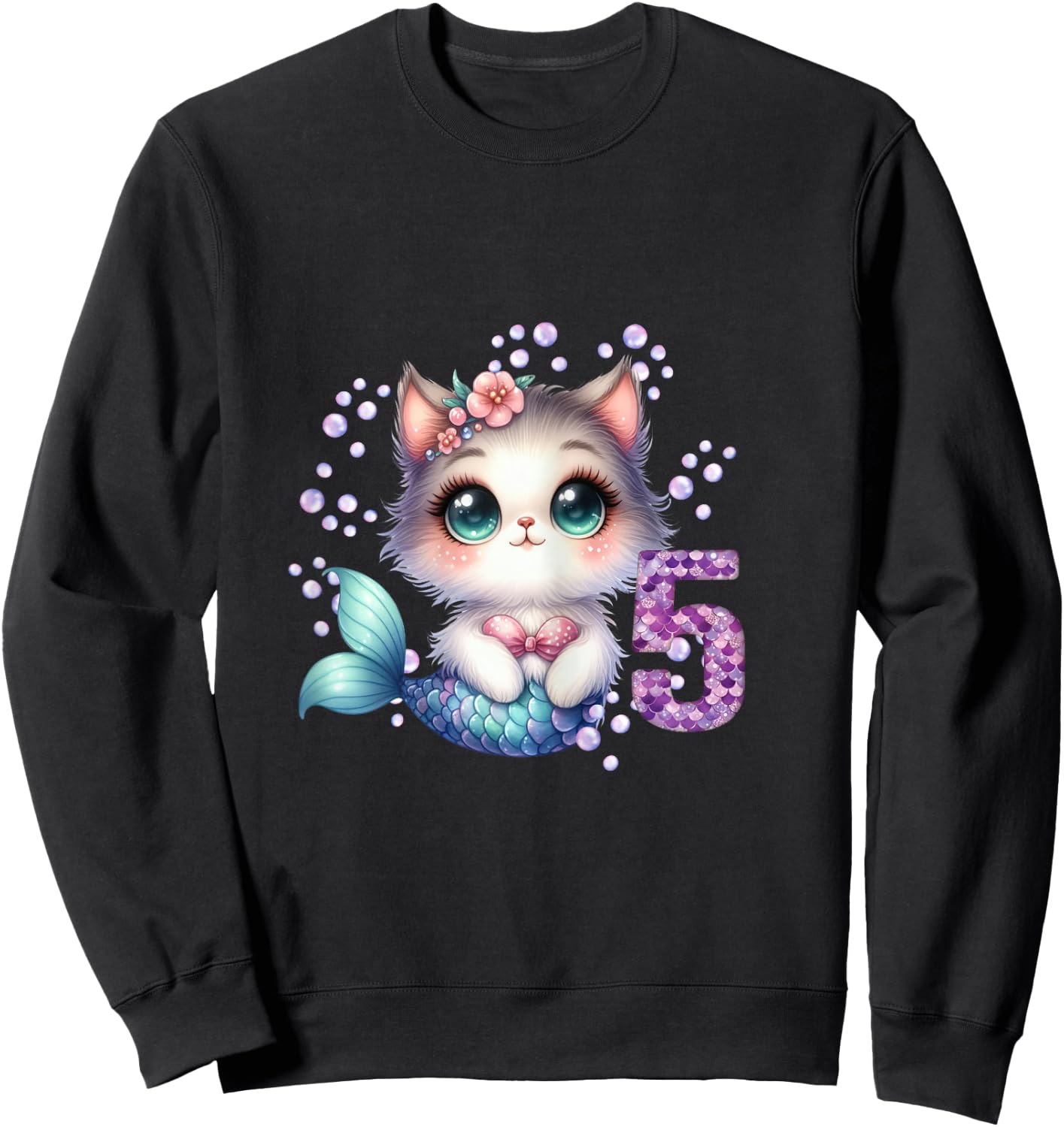 Cat Mermaid 5th Birthday 5 Year Old Party Girls Outfit Sweatshirt - Sweatshirt | Black