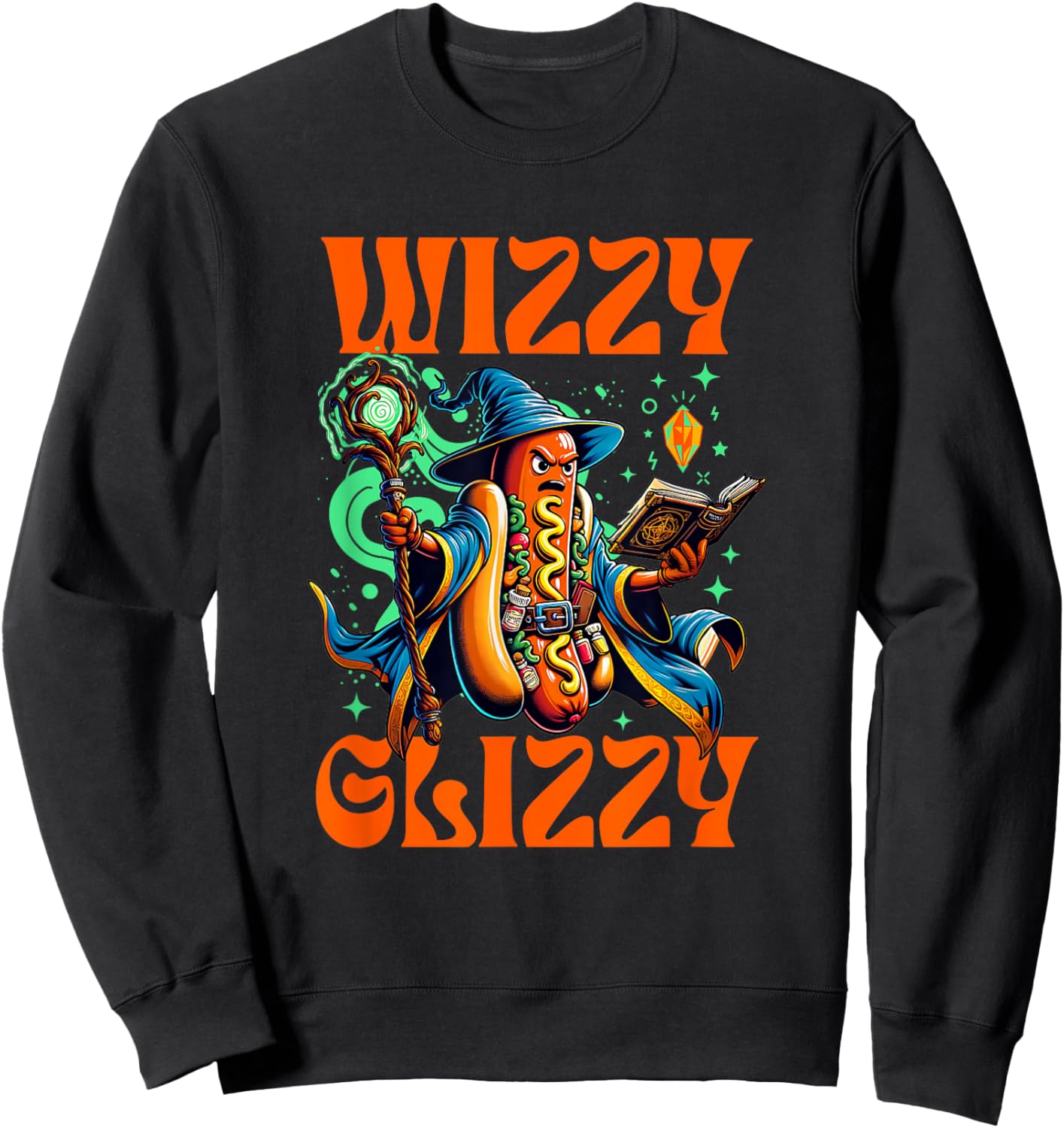 "Wizzy Glizzy" Witchy Wiener Hot Dog Wizard Meme Halloween Sweatshirt - Sweatshirt | Black