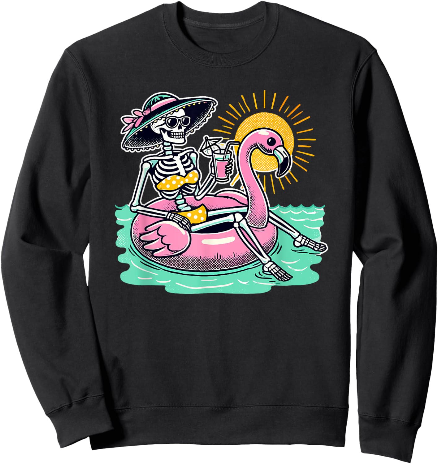 Retro Summer Skeleton Flamingo Float Vacation Beach Drink Men Women Sweatshirt - Sweatshirt | Black