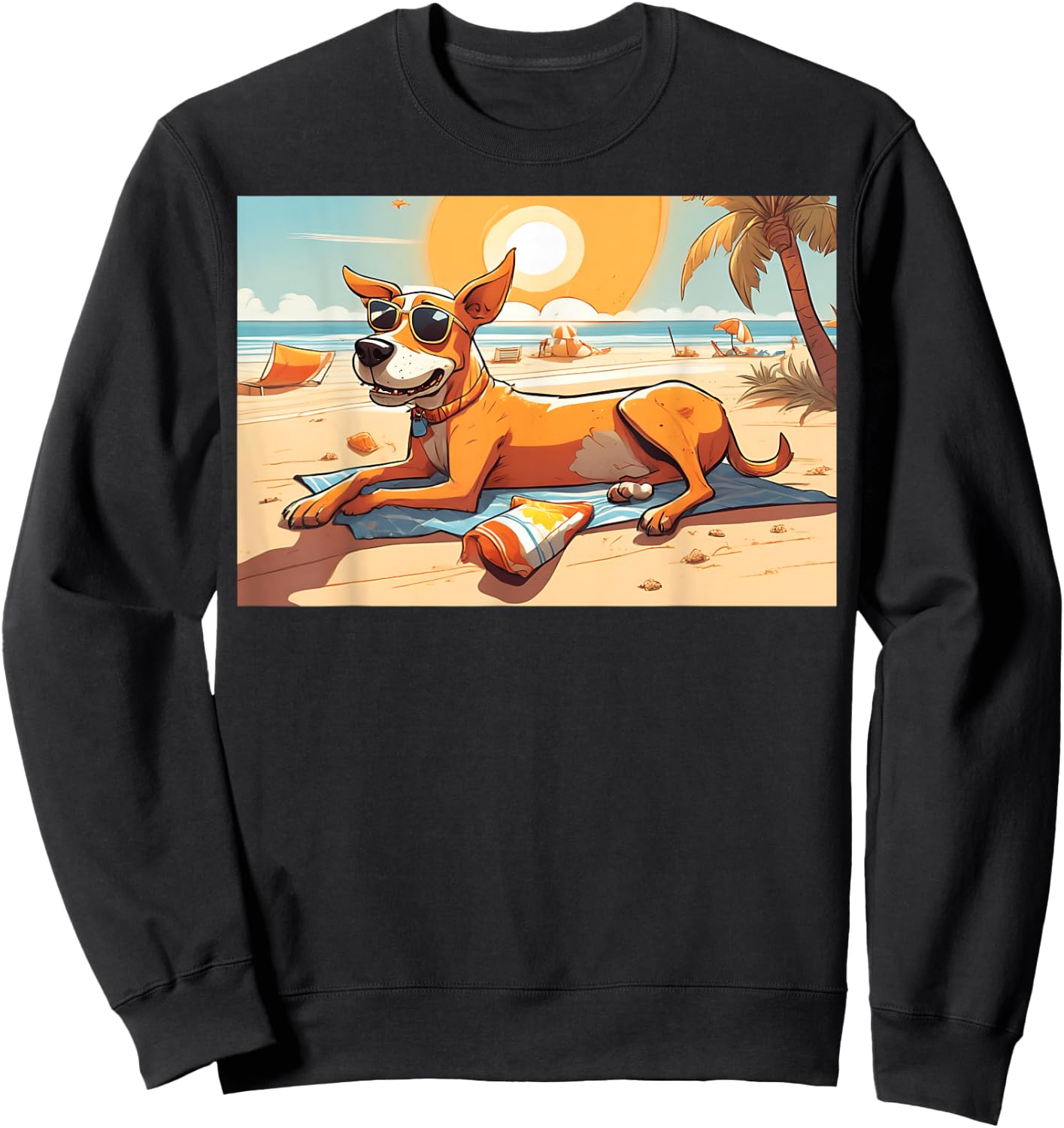 Dog Relaxing On Beach With Sunglasses Towel Snacks Women Sweatshirt - Sweatshirt | Black