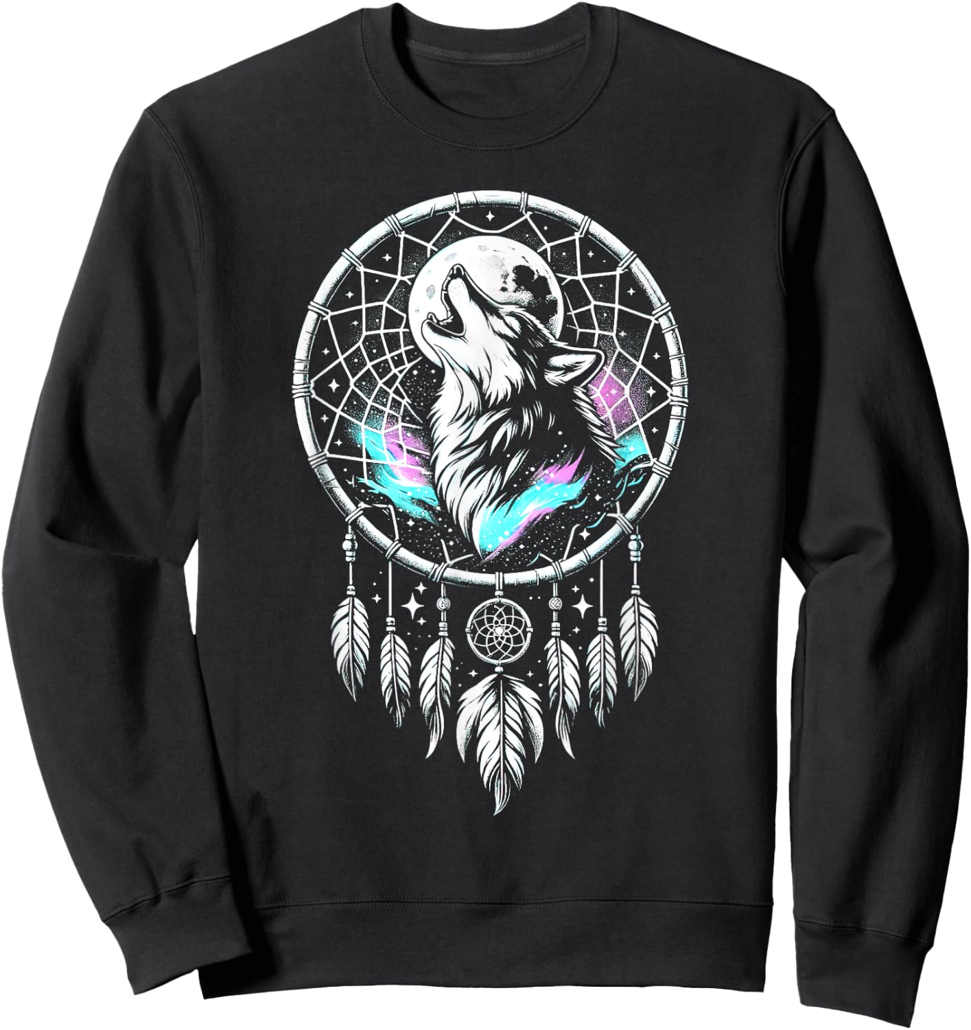 Boho Dream Catcher Wolf Howling At The Moon Dog Wolves Lover Women Kids Sweatshirt - Sweatshirt | Black