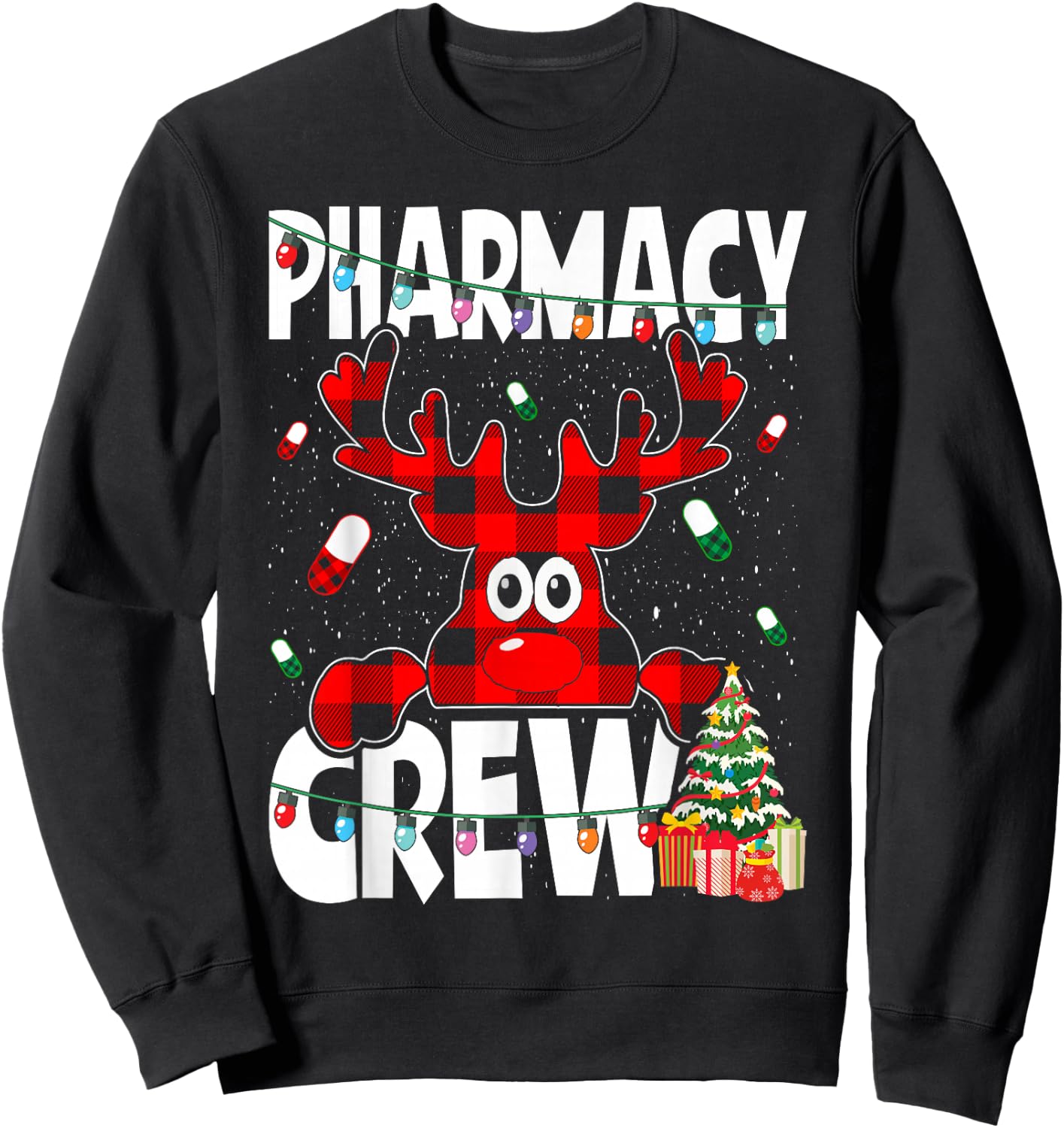 Funny Red Plaid Reindeer Pharmacy Crew Christmas Sweatshirt - Sweatshirt | Black
