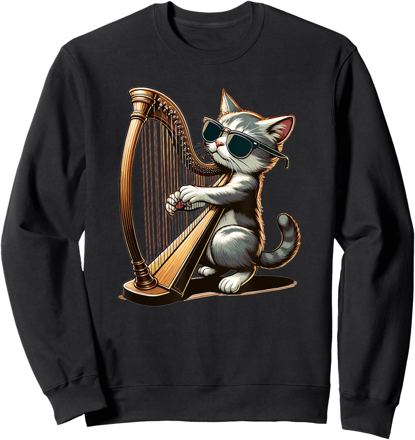 Musician Harpist Cat Wearing Sunglasses Cat Playing Harp Women Kids Sweatshirt - Sweatshirt | Black