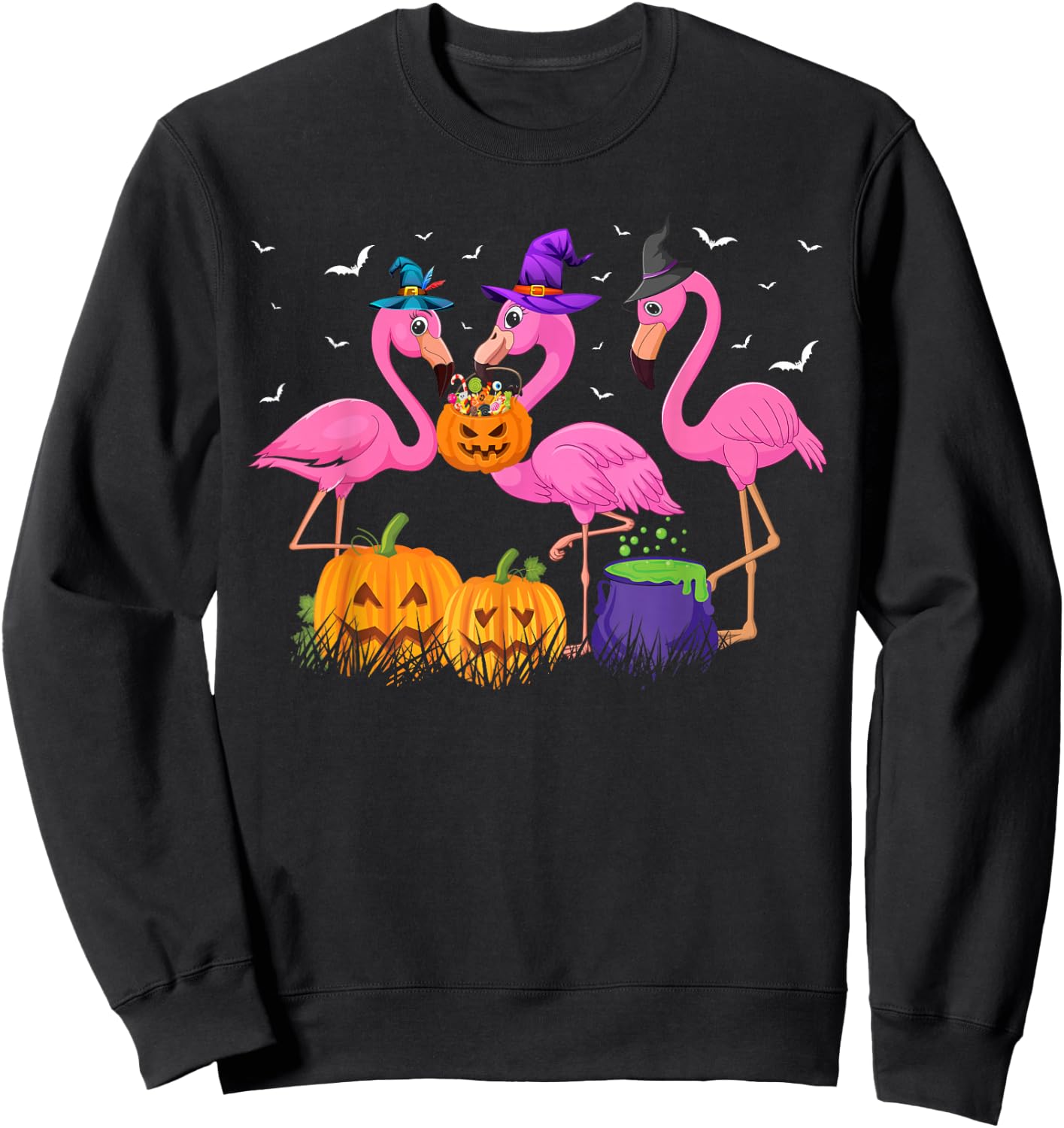 Witch Flamingos Animal Bird Flamingoween Halloween Women Sweatshirt - Sweatshirt | Black