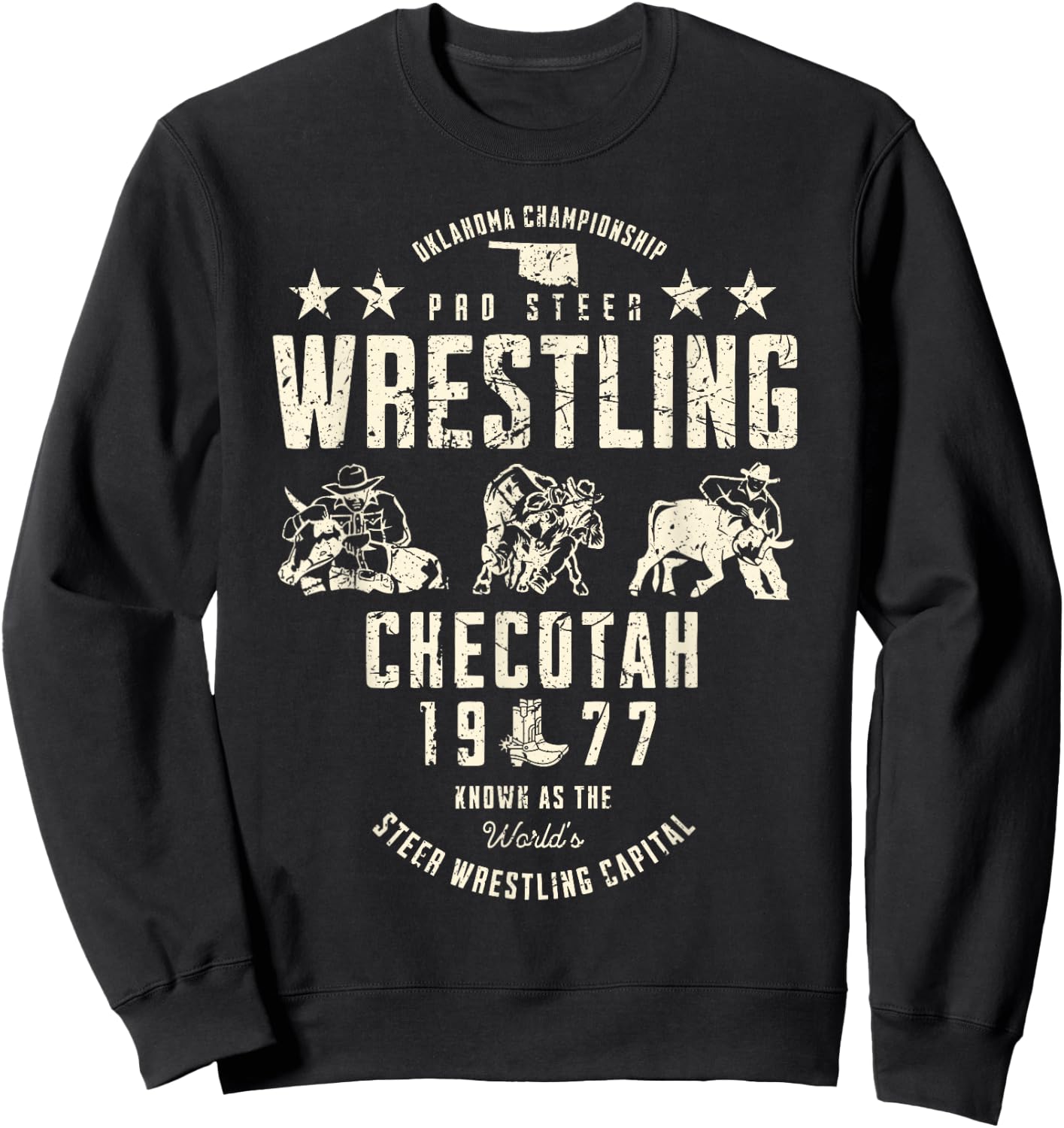 Oklahoma Pro Steer Wrestling Checotah 1977 Vintage Sports Sweatshirt - Sweatshirt | Black