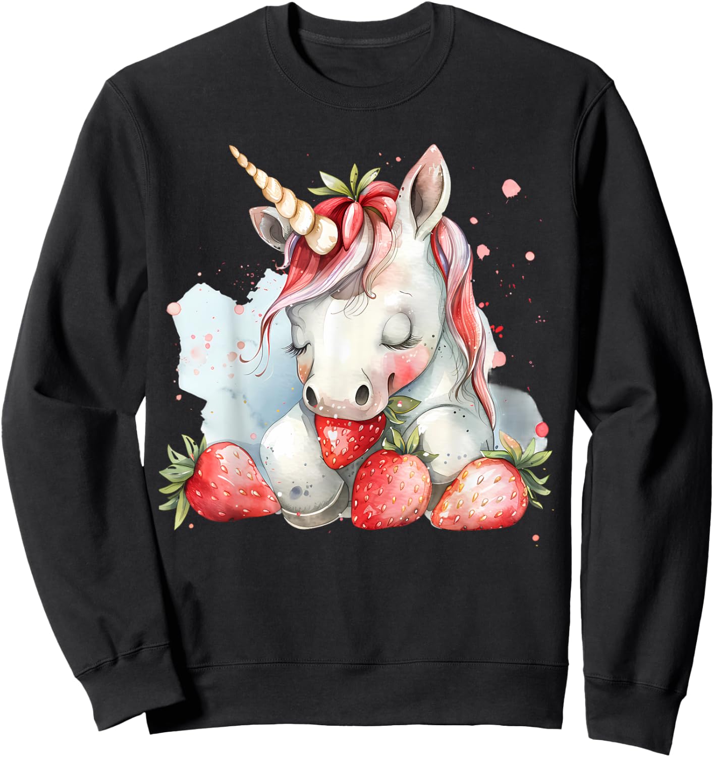 Strawberry Unicorn Cute Strawberries Drawing Watercolor Sweatshirt - Sweatshirt | Black