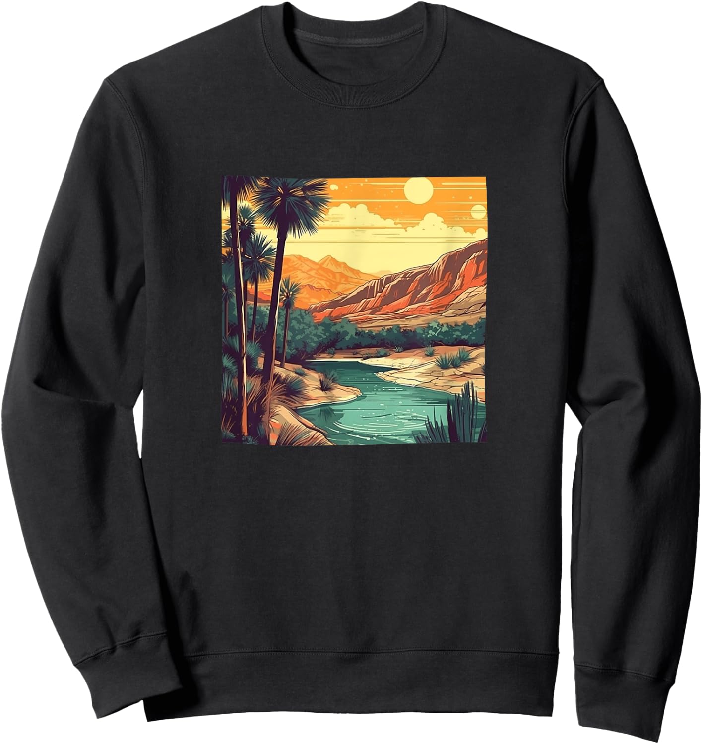Desert Oasis Vintage Landscape Graphic Sweatshirt - Sweatshirt | Black