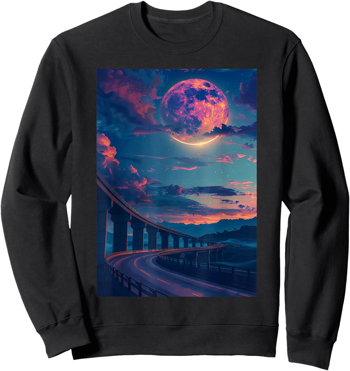 Liminal Space: Curved Bridge in Moonlight Night Sweatshirt - Sweatshirt | Black