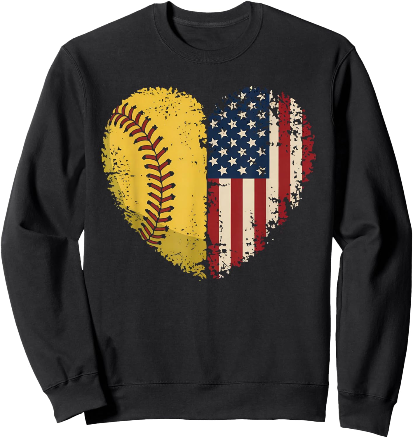 Softball Heart American Flag Patriotic Softball Lovers Sweatshirt - Sweatshirt | Black