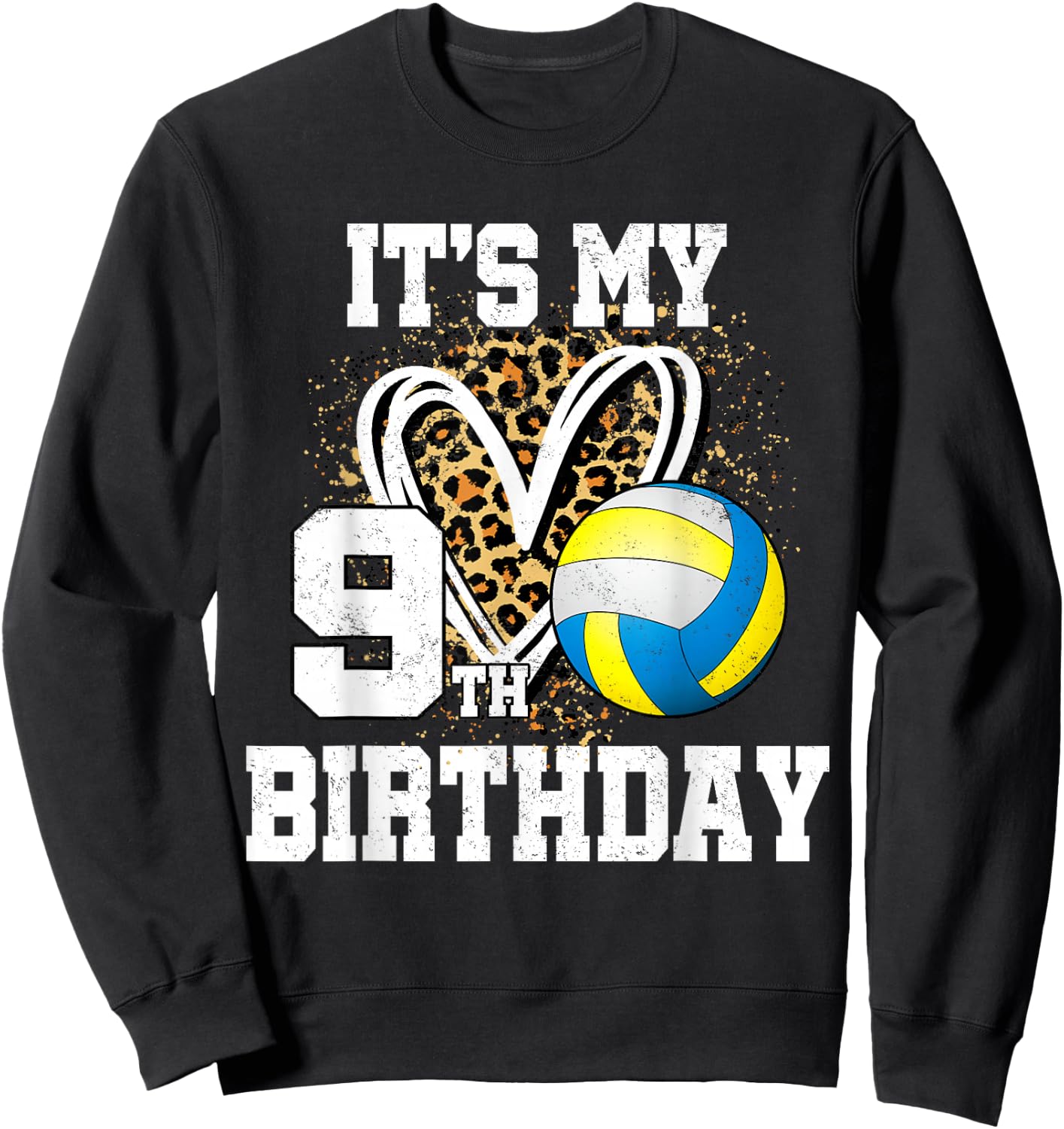 It's My 9th Birthday Volleyball 9 Year Old Leopard Heart Sweatshirt - Sweatshirt | Black