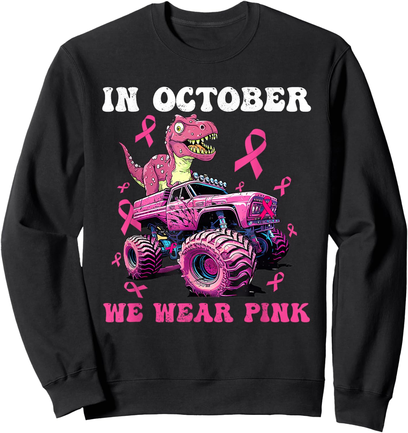 In October We Wear Pink Breast Cancer Trex Dino Kids Sweatshirt - Sweatshirt | Black