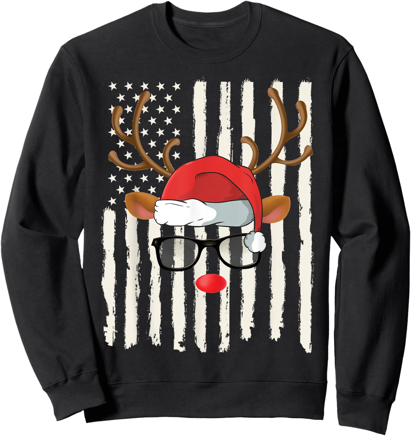 Cute Reindeer Santa Hat Glasses American Flag Christmas Sweatshirt - Sweatshirt | Black